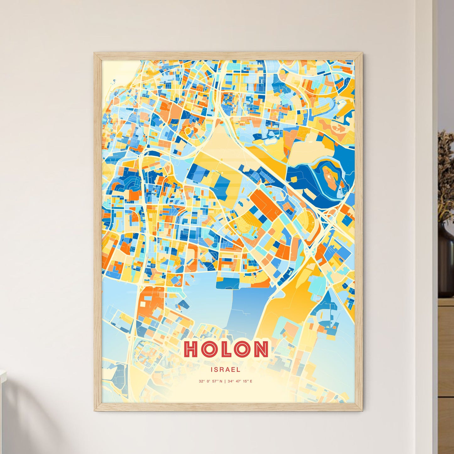 Colorful HOLON ISRAEL Fine Art Map Blue Orange