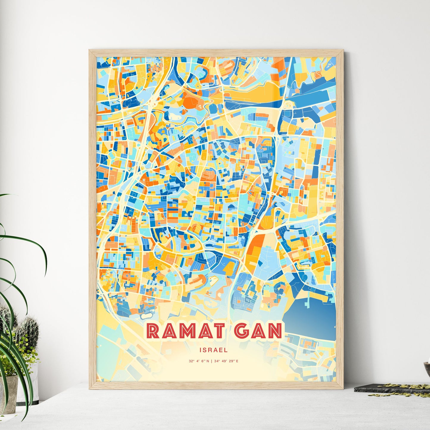 Colorful RAMAT GAN ISRAEL Fine Art Map Blue Orange