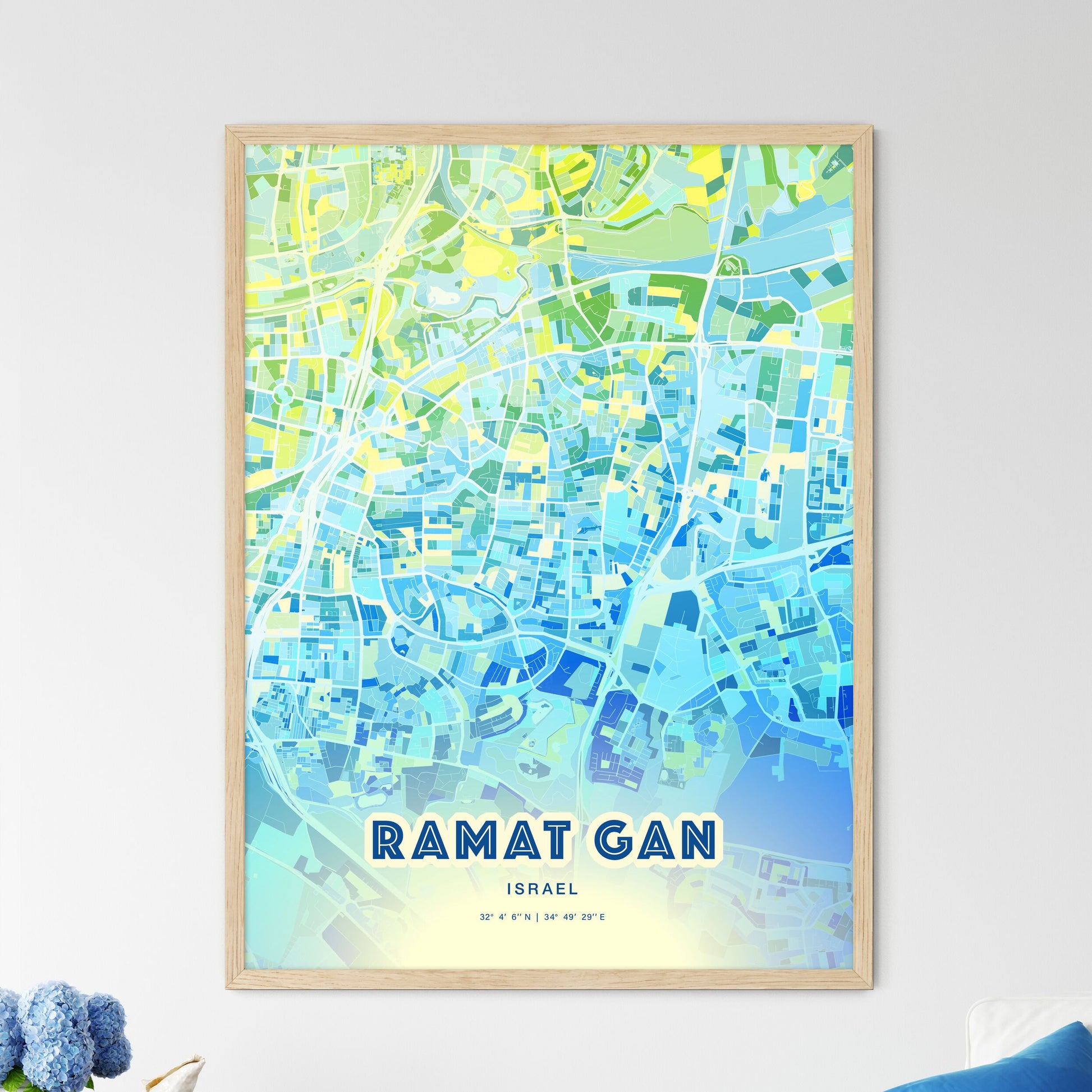 Colorful RAMAT GAN ISRAEL Fine Art Map Cool Blue