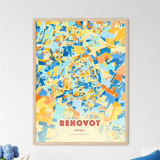 Colorful REHOVOT ISRAEL Fine Art Map Blue Orange