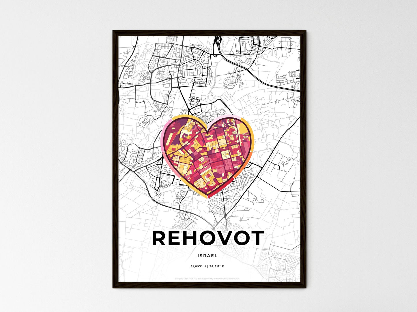 Rehovot Israel wedding art map with heart icon