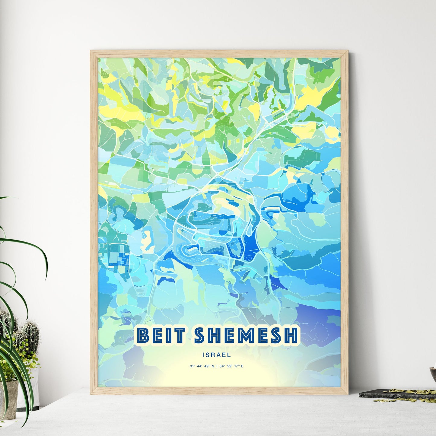 Colorful BEIT SHEMESH ISRAEL Fine Art Map Cool Blue