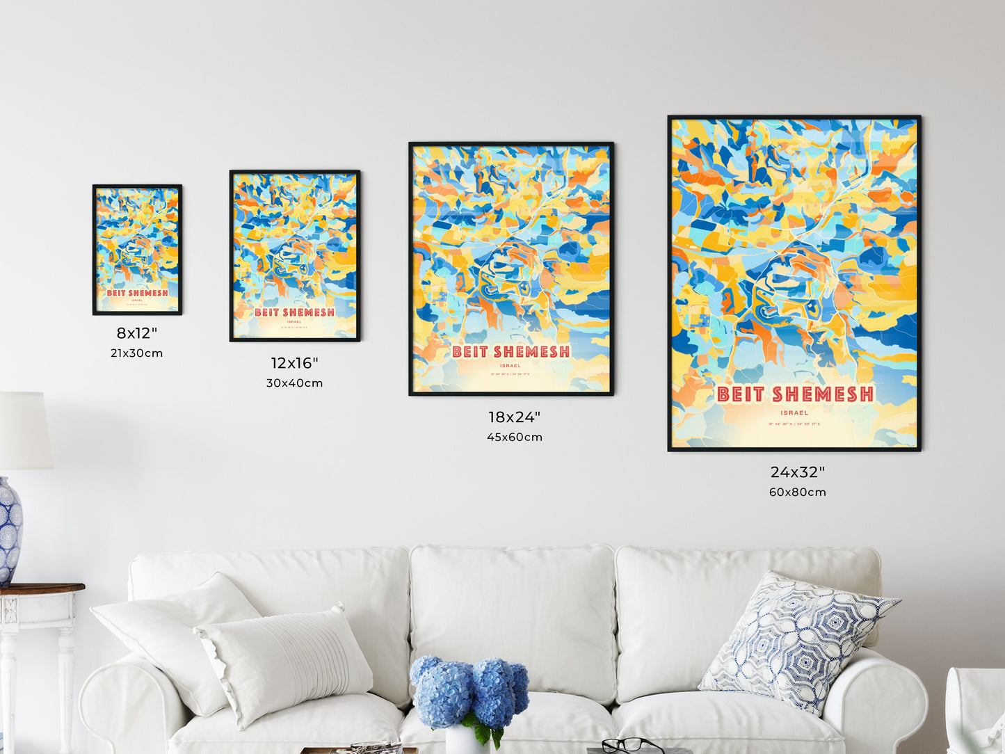 Colorful BEIT SHEMESH ISRAEL Fine Art Map Blue Orange