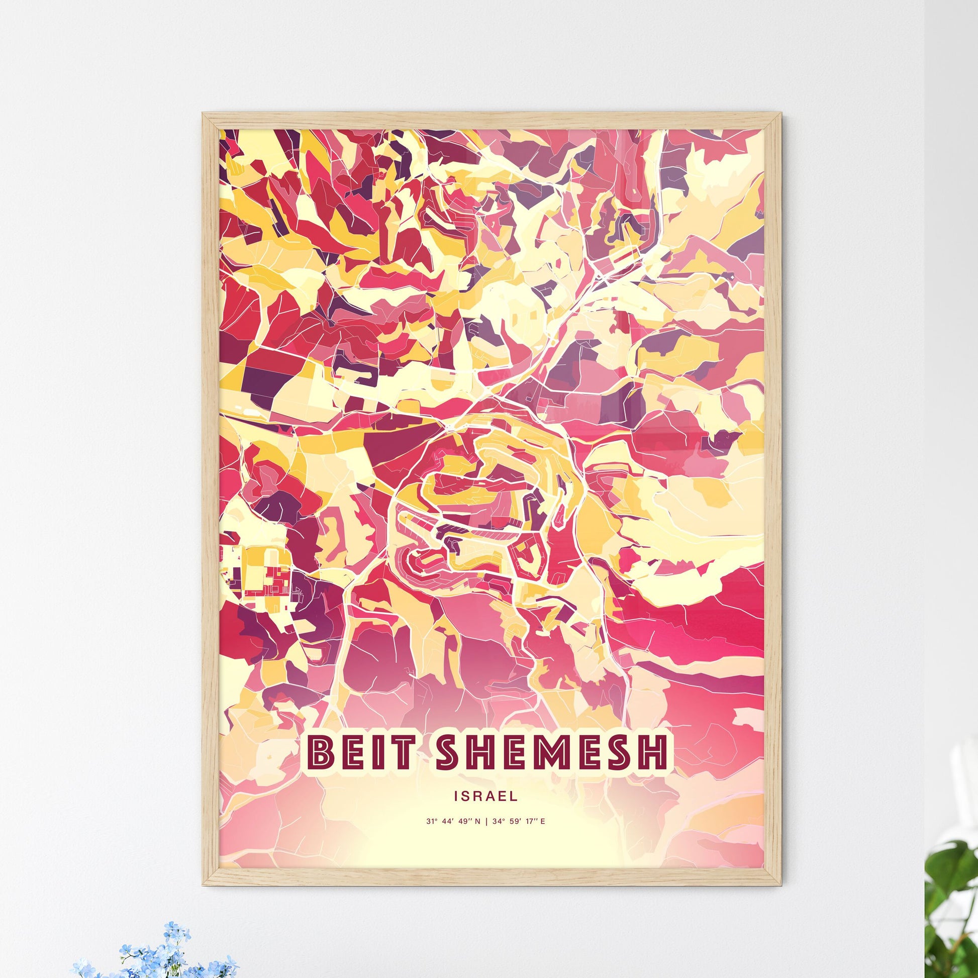 Colorful BEIT SHEMESH ISRAEL Fine Art Map Hot Red