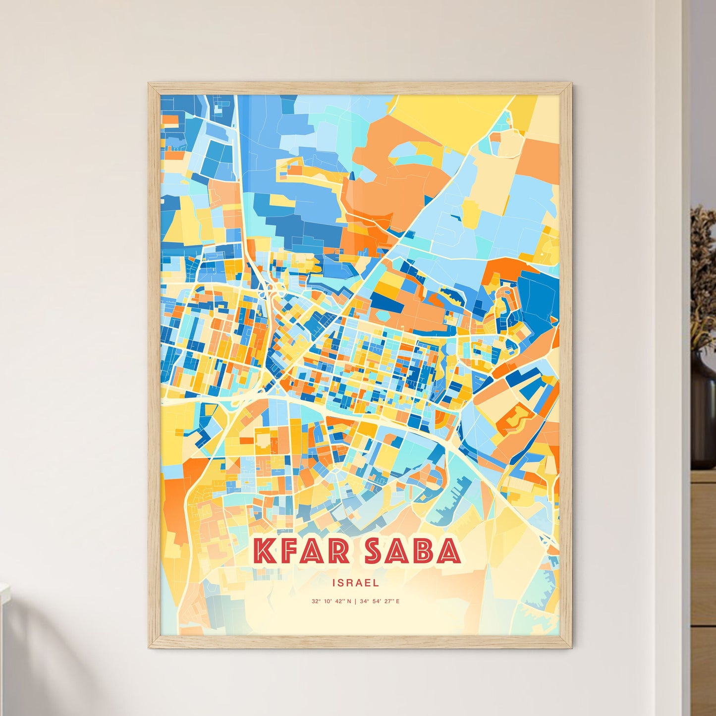 Colorful KFAR SABA ISRAEL Fine Art Map Blue Orange