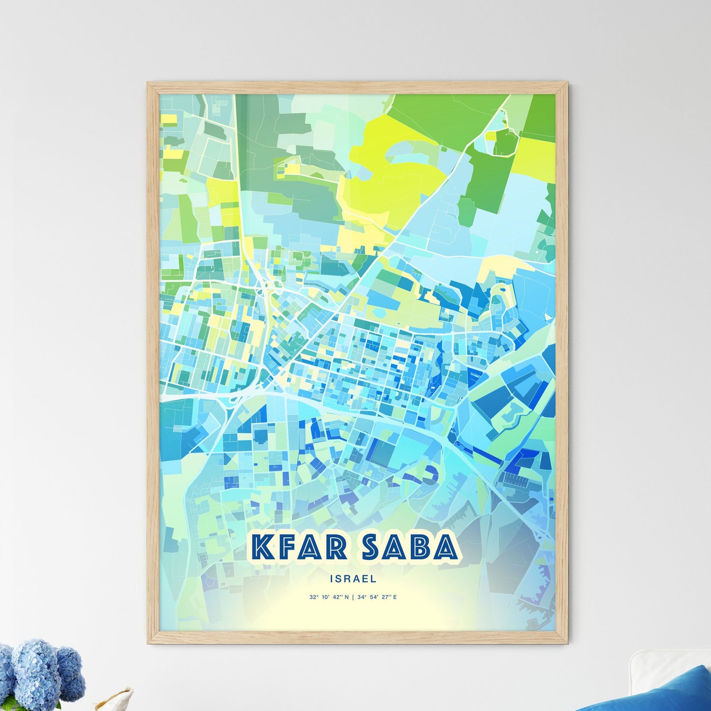 Colorful KFAR SABA ISRAEL Fine Art Map Cool Blue