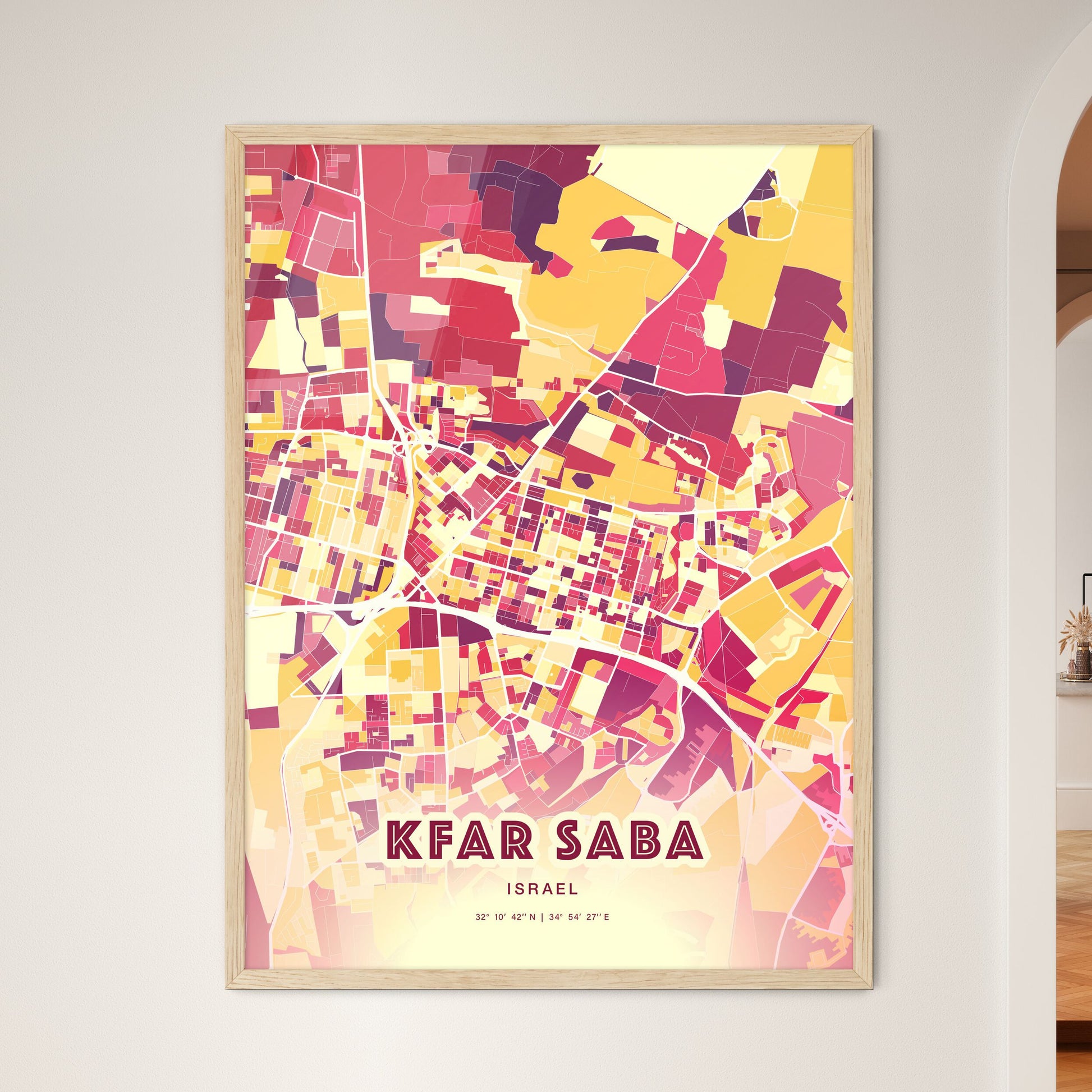 Colorful KFAR SABA ISRAEL Fine Art Map Hot Red