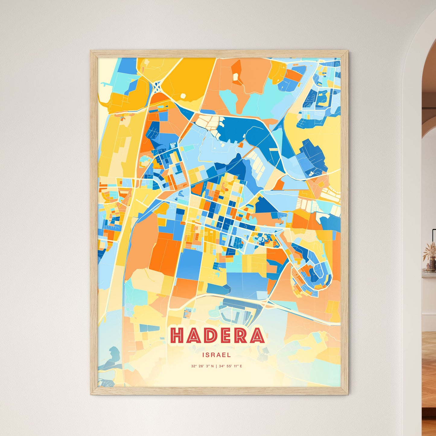 Colorful HADERA ISRAEL Fine Art Map Blue Orange