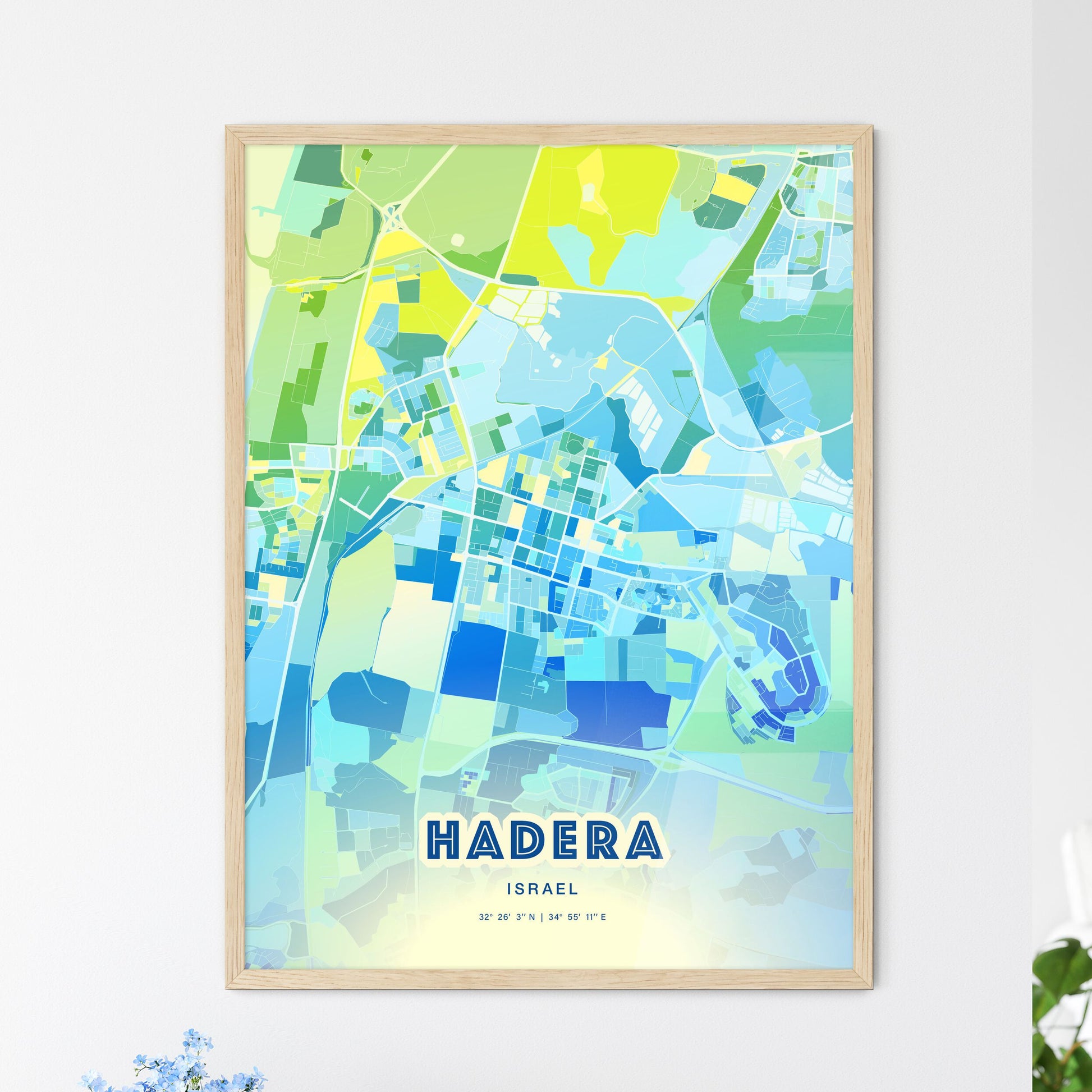 Colorful HADERA ISRAEL Fine Art Map Cool Blue