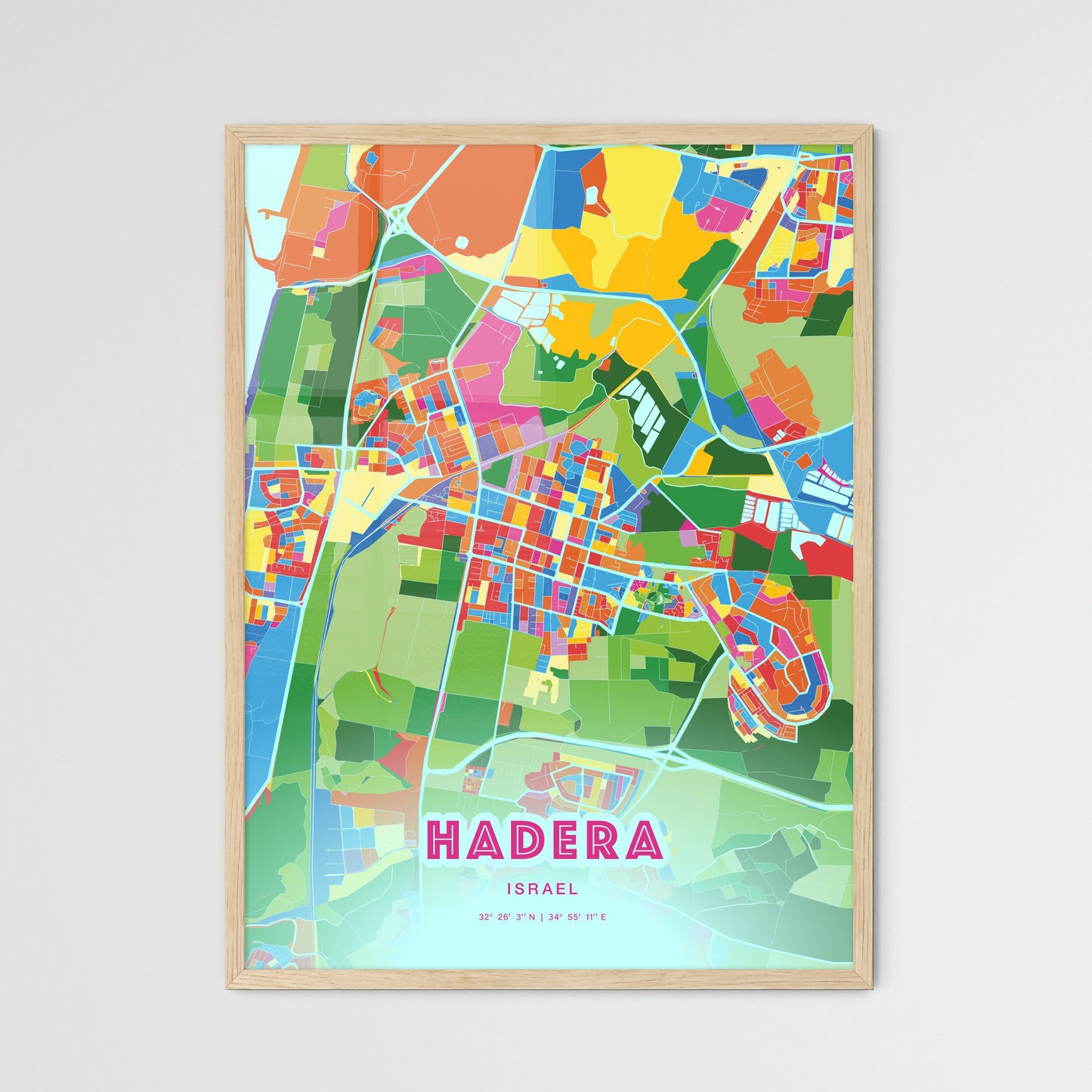 Colorful HADERA ISRAEL Fine Art Map Crazy Colors