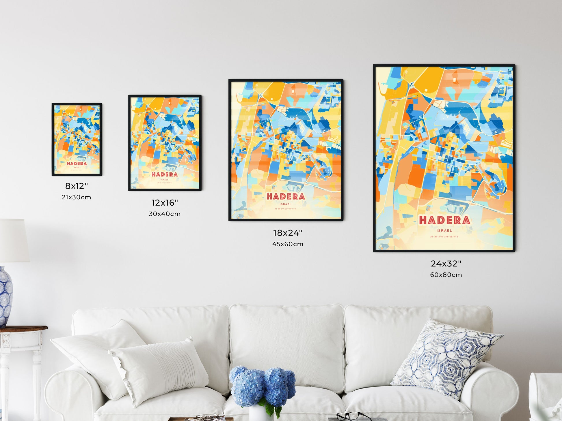 Colorful HADERA ISRAEL Fine Art Map Blue Orange