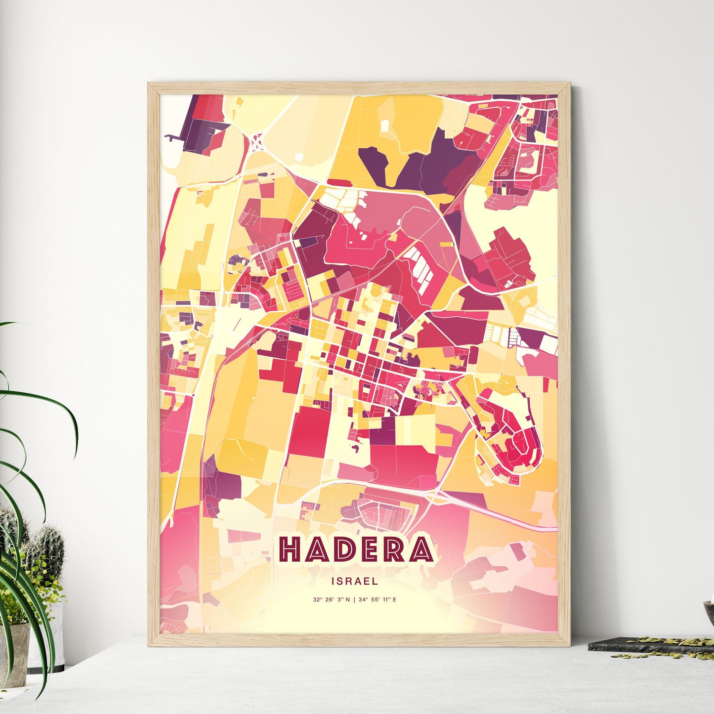 Colorful HADERA ISRAEL Fine Art Map Hot Red