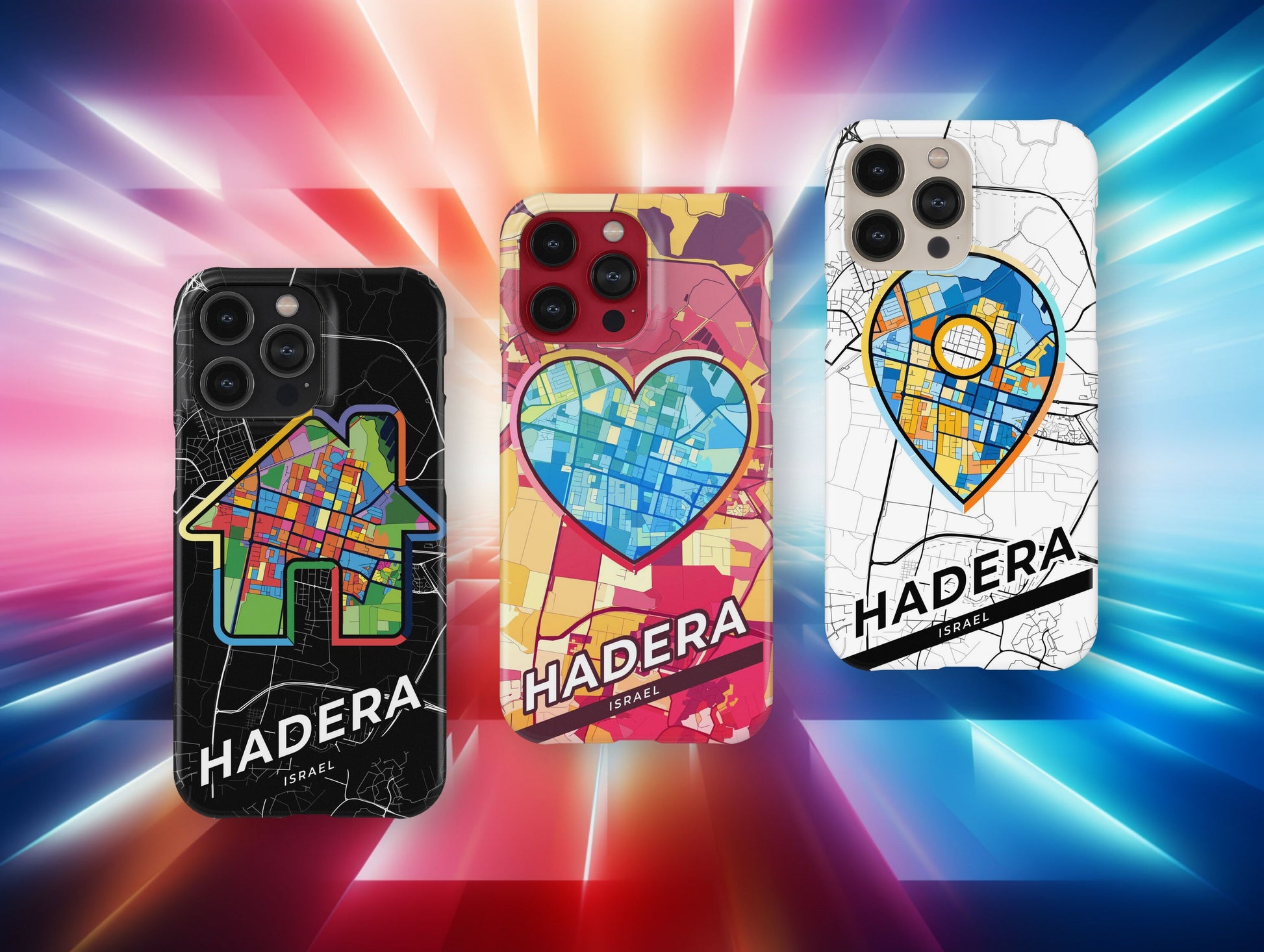 Hadera Israel slim phone case with colorful icon. Birthday, wedding or housewarming gift. Couple match cases.
