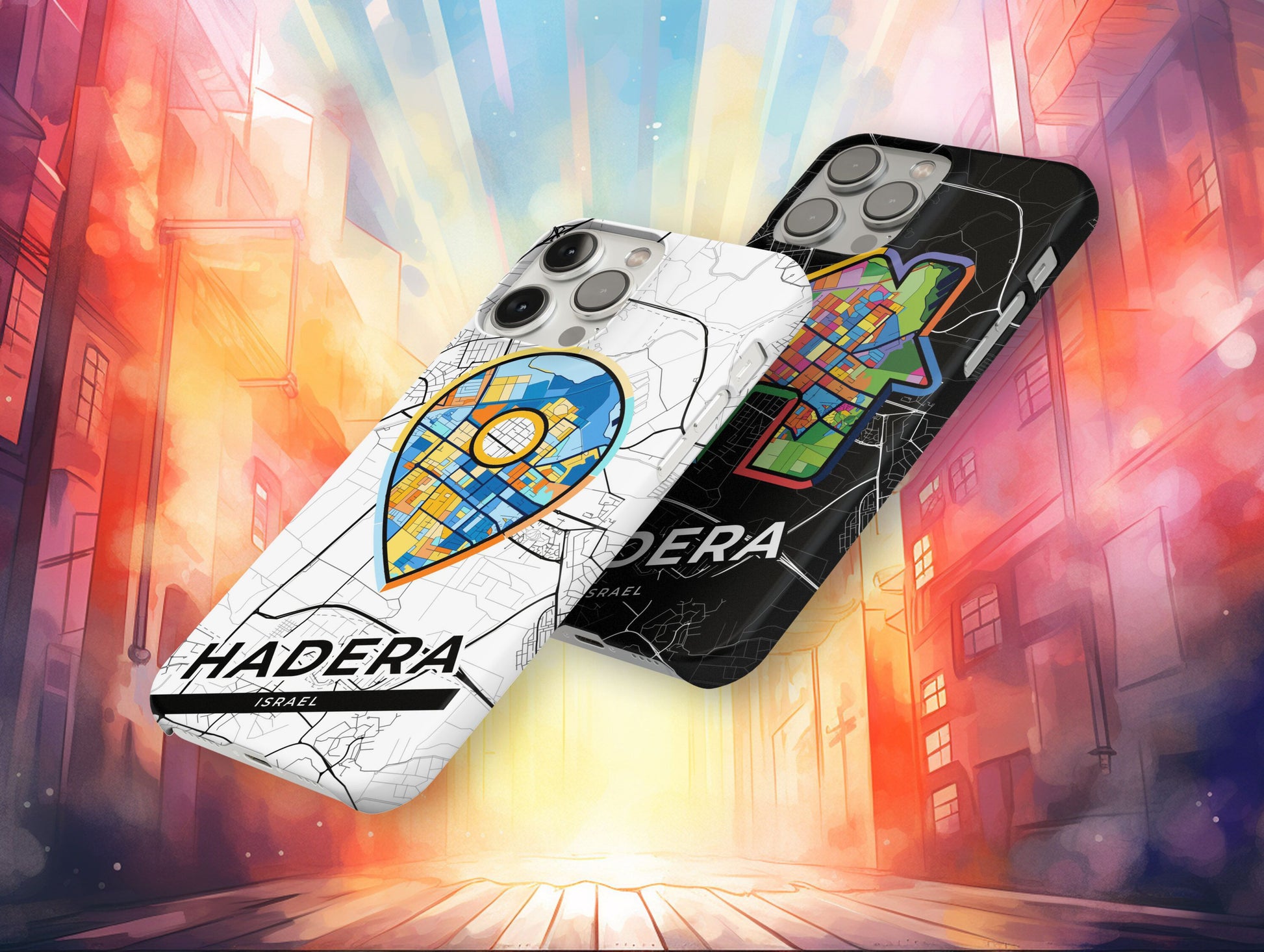 Hadera Israel slim phone case with colorful icon. Birthday, wedding or housewarming gift. Couple match cases.