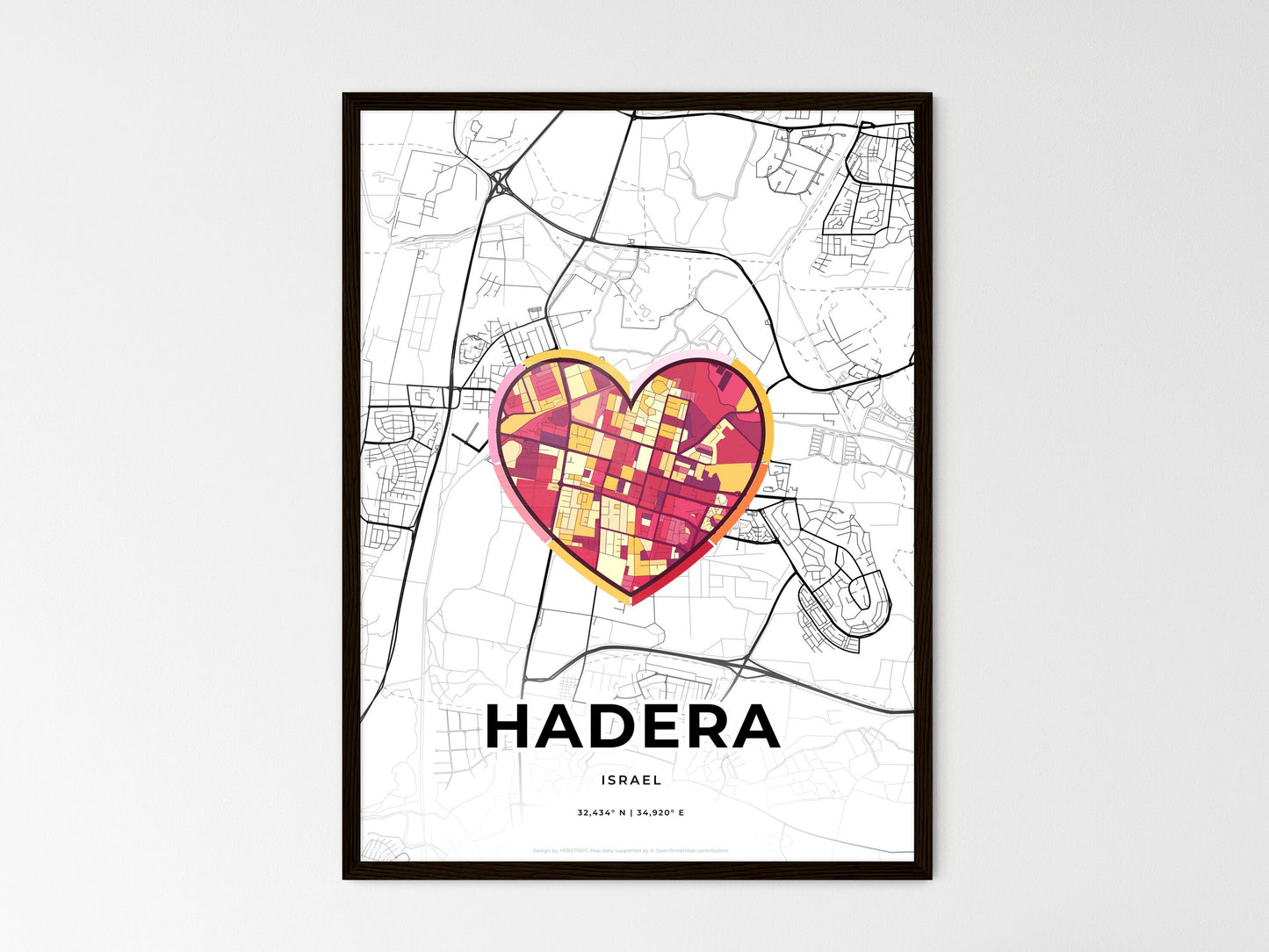 Hadera Israel wedding art map with heart icon