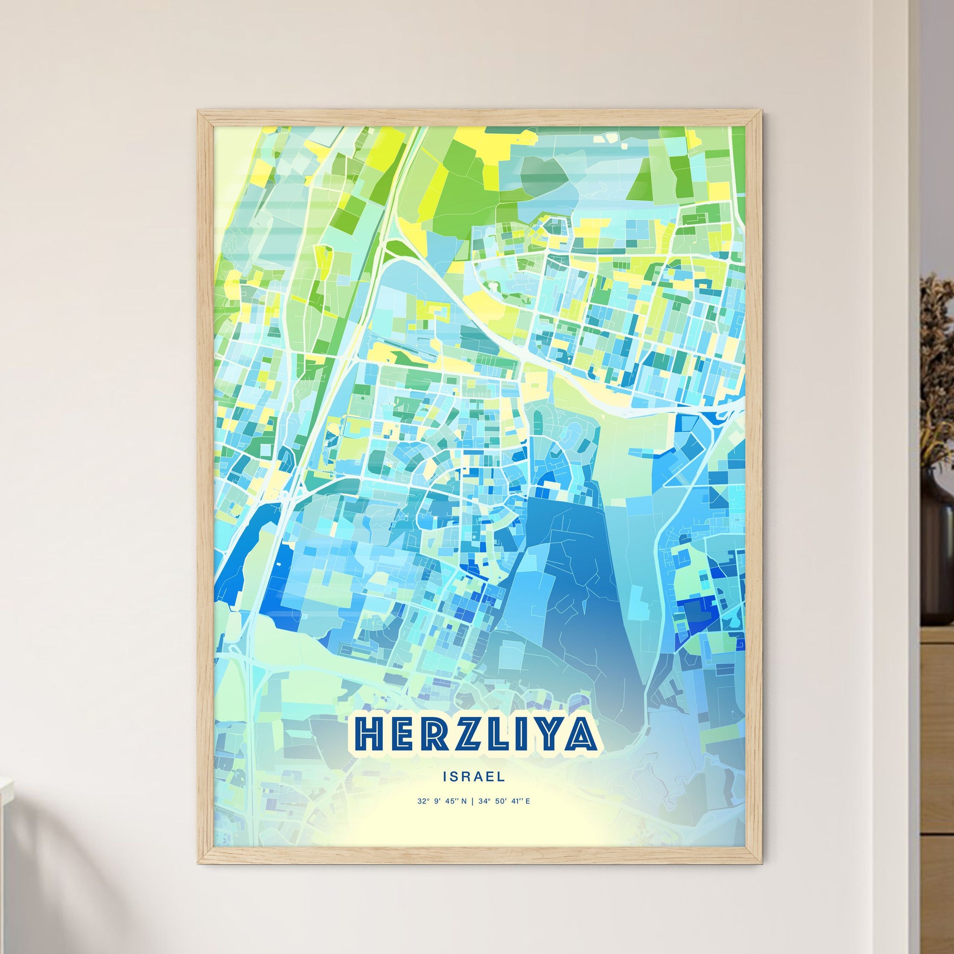 Colorful HERZLIYA ISRAEL Fine Art Map Cool Blue