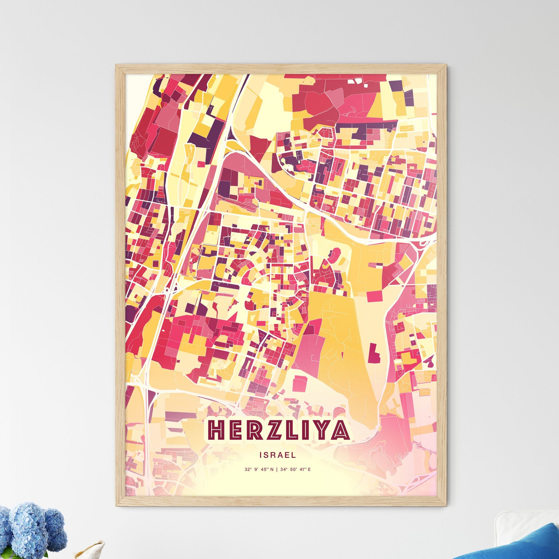 Colorful HERZLIYA ISRAEL Fine Art Map Hot Red