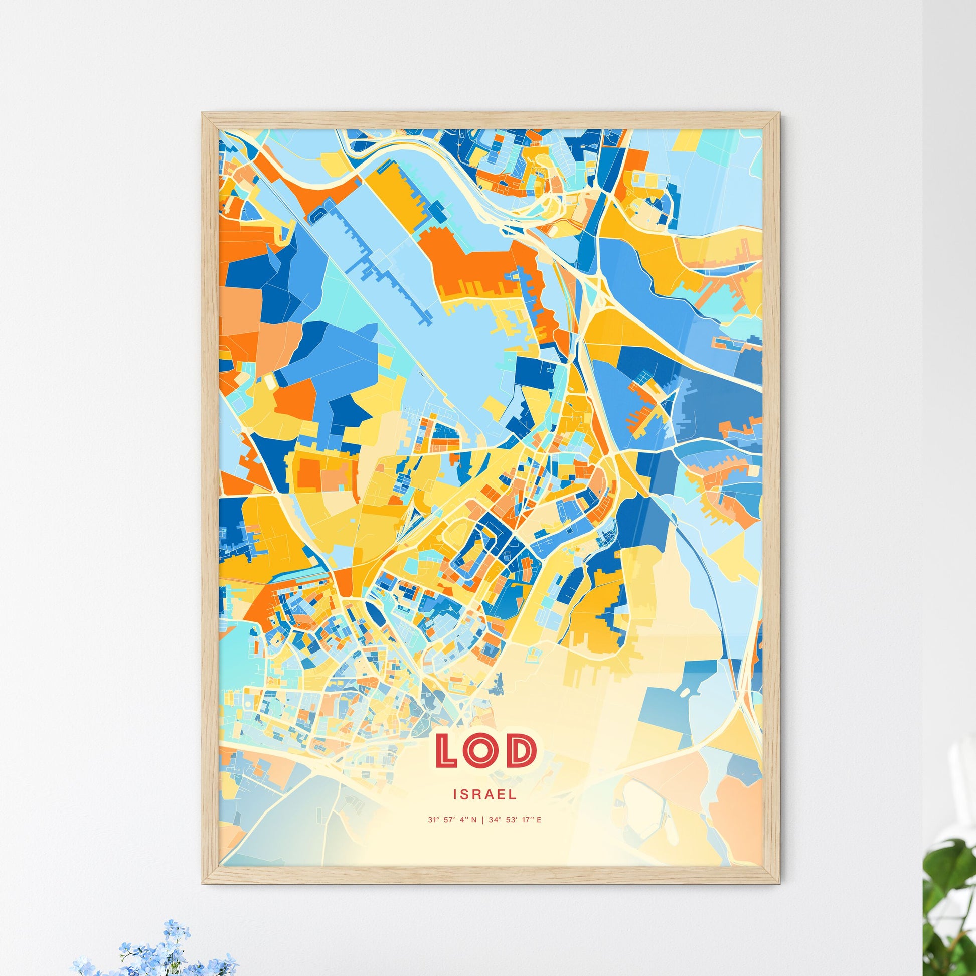 Colorful LOD ISRAEL Fine Art Map Blue Orange