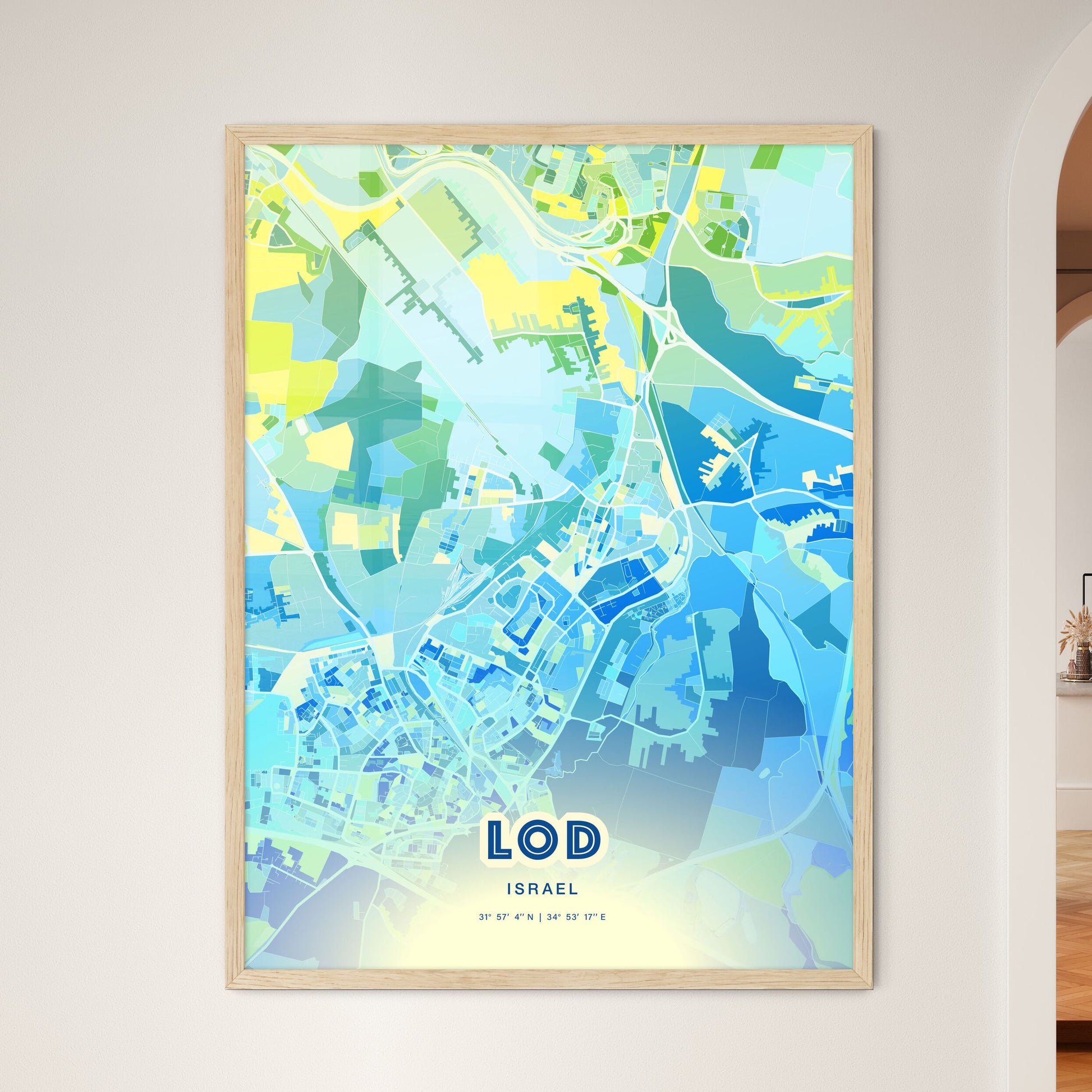 Colorful LOD ISRAEL Fine Art Map Cool Blue