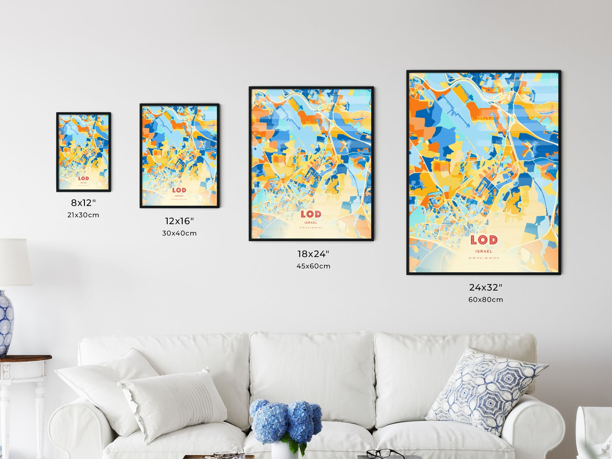 Colorful LOD ISRAEL Fine Art Map Blue Orange