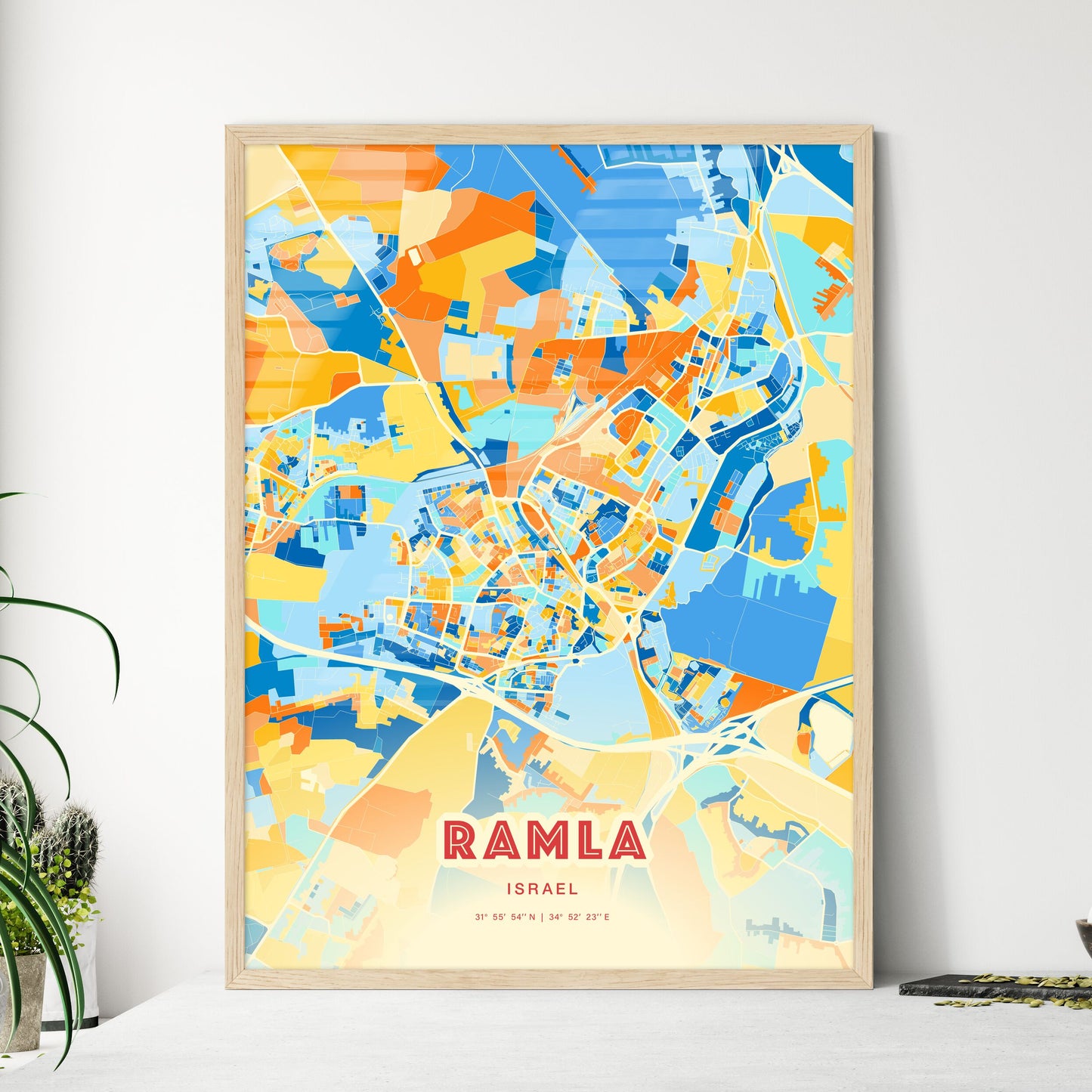 Colorful RAMLA ISRAEL Fine Art Map Blue Orange