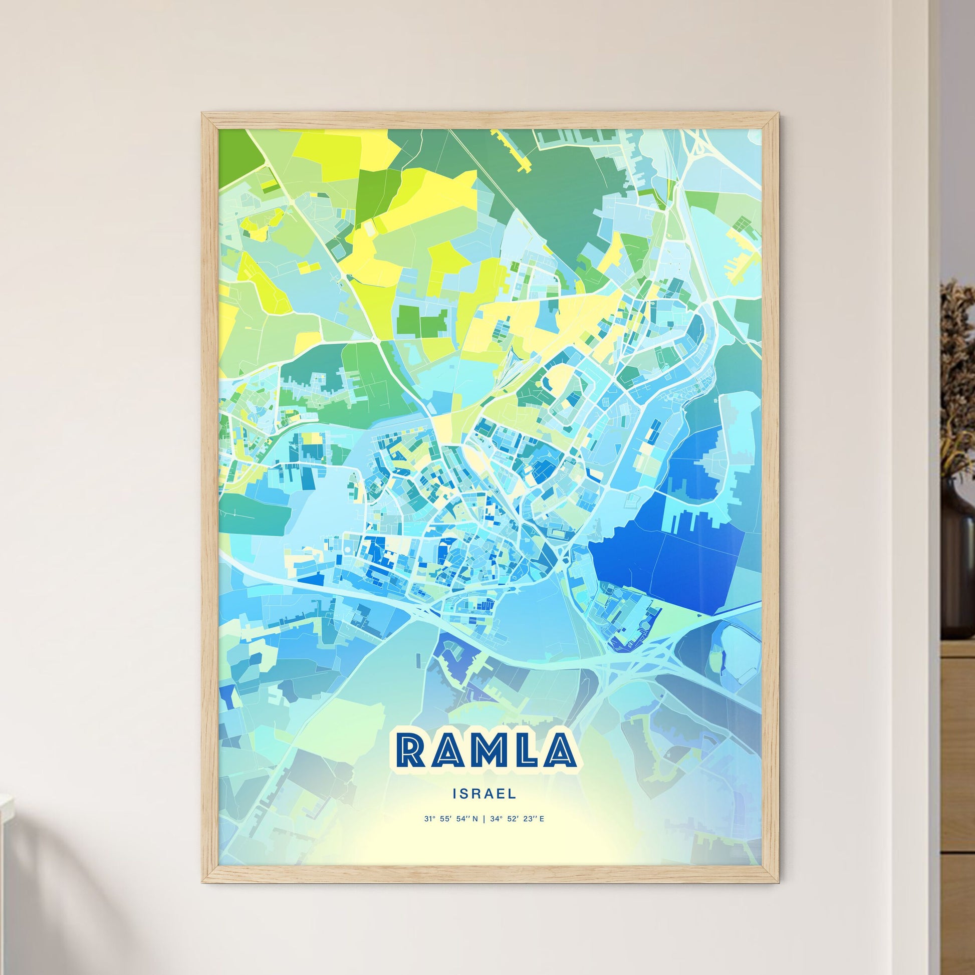 Colorful RAMLA ISRAEL Fine Art Map Cool Blue