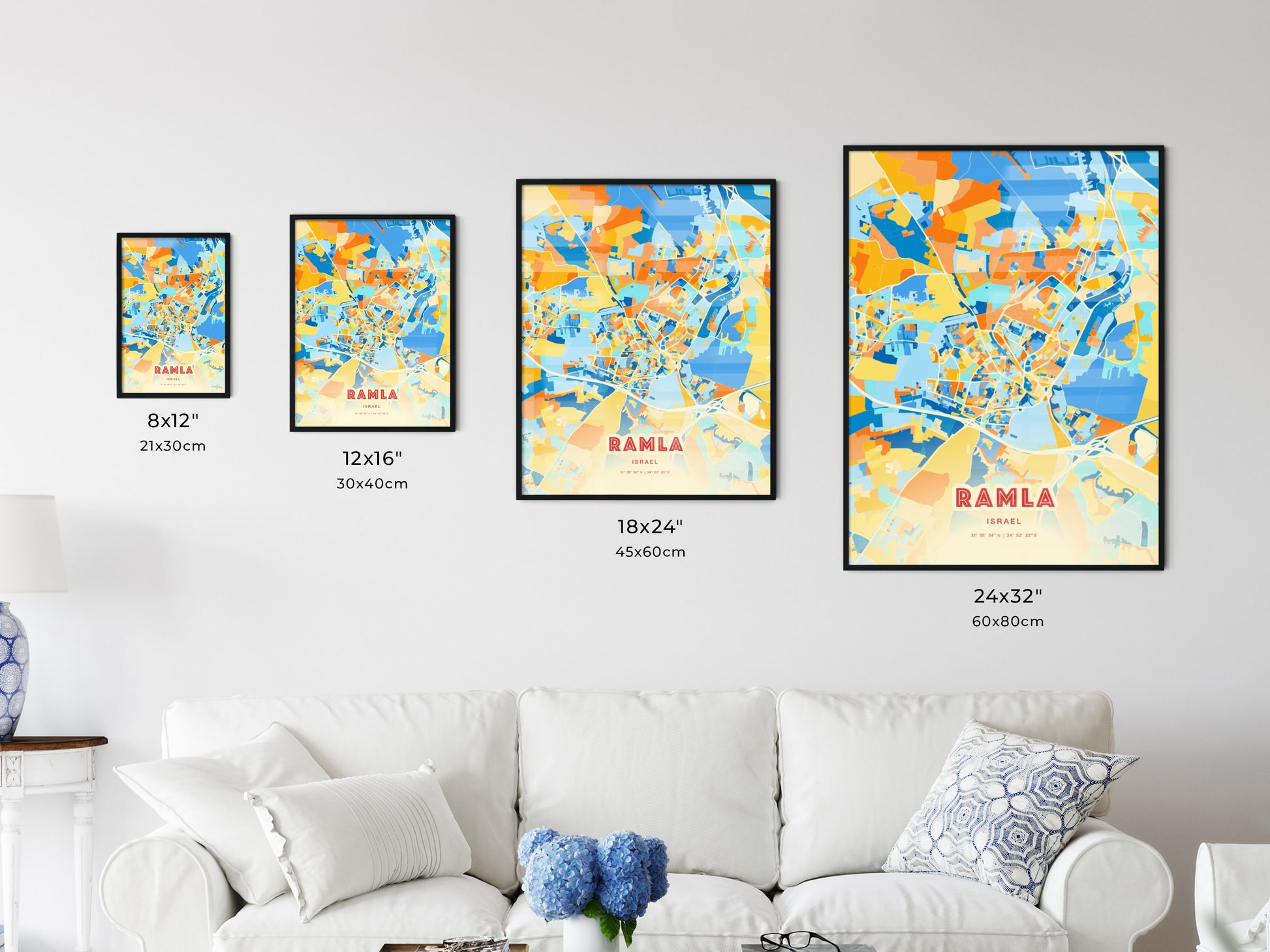 Colorful RAMLA ISRAEL Fine Art Map Blue Orange