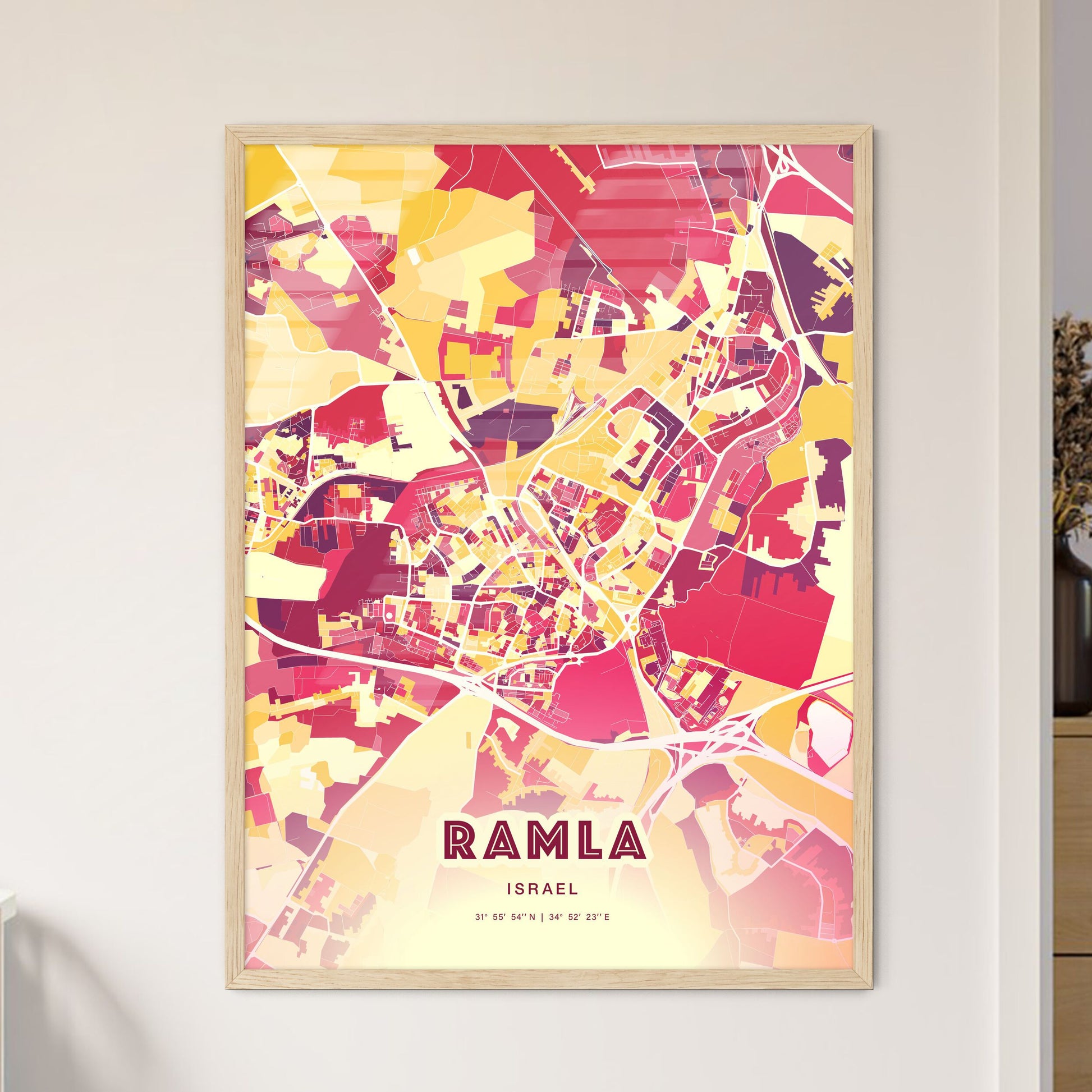 Colorful RAMLA ISRAEL Fine Art Map Hot Red