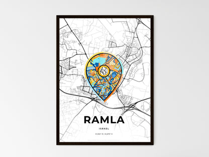 RAMLA ISRAEL minimal art map with a colorful icon. Style 1