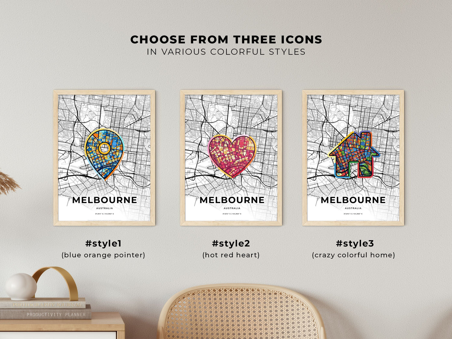 MELBOURNE AUSTRALIA minimal art map with a colorful icon.
