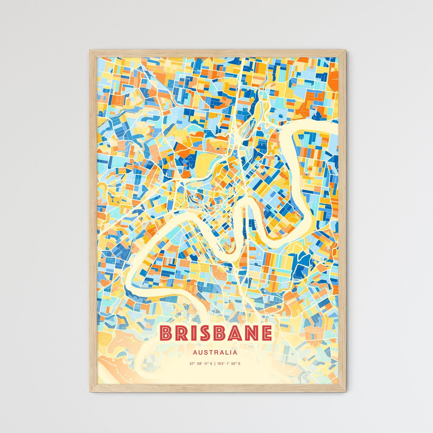 Colorful Brisbane Australia Fine Art Map Blue Orange