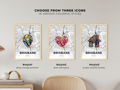 BRISBANE AUSTRALIA minimal art map with a colorful icon. Where it all began, Couple map gift.