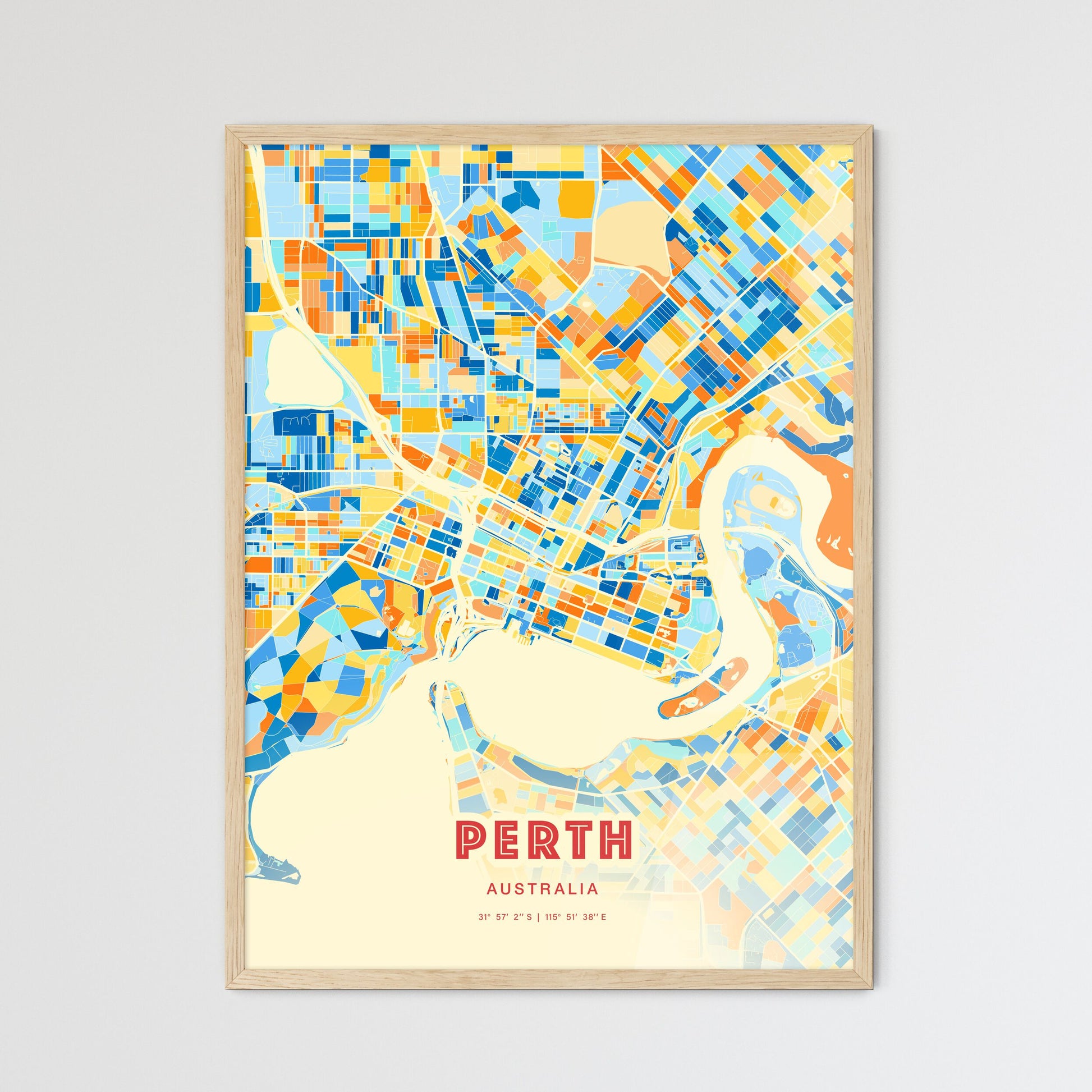 Colorful Perth Australia Fine Art Map Blue Orange