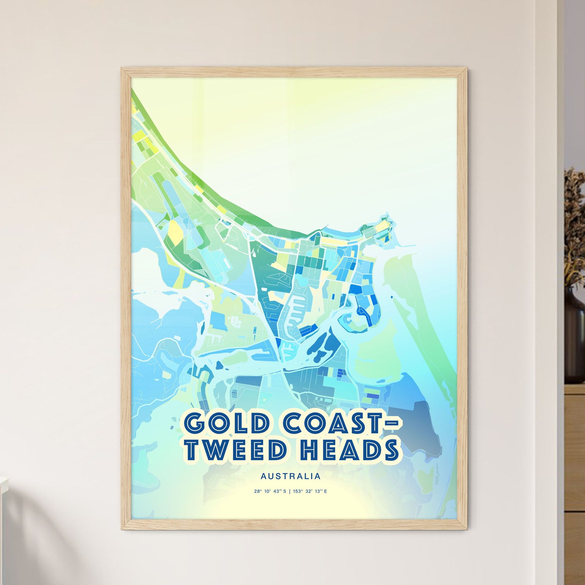 Colorful GOLD COAST–TWEED HEADS AUSTRALIA Fine Art Map Cool Blue