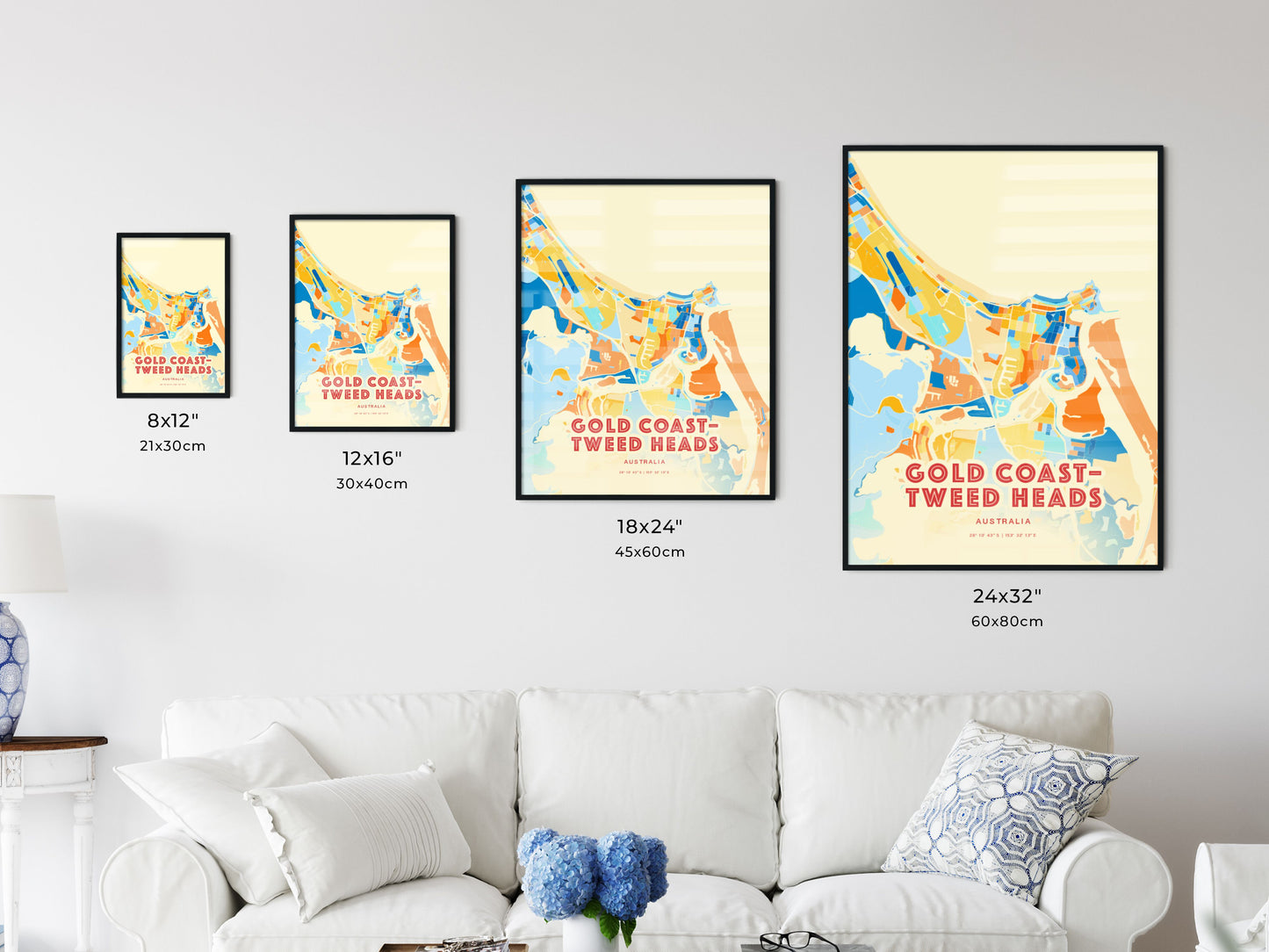 Colorful GOLD COAST–TWEED HEADS AUSTRALIA Fine Art Map Blue Orange