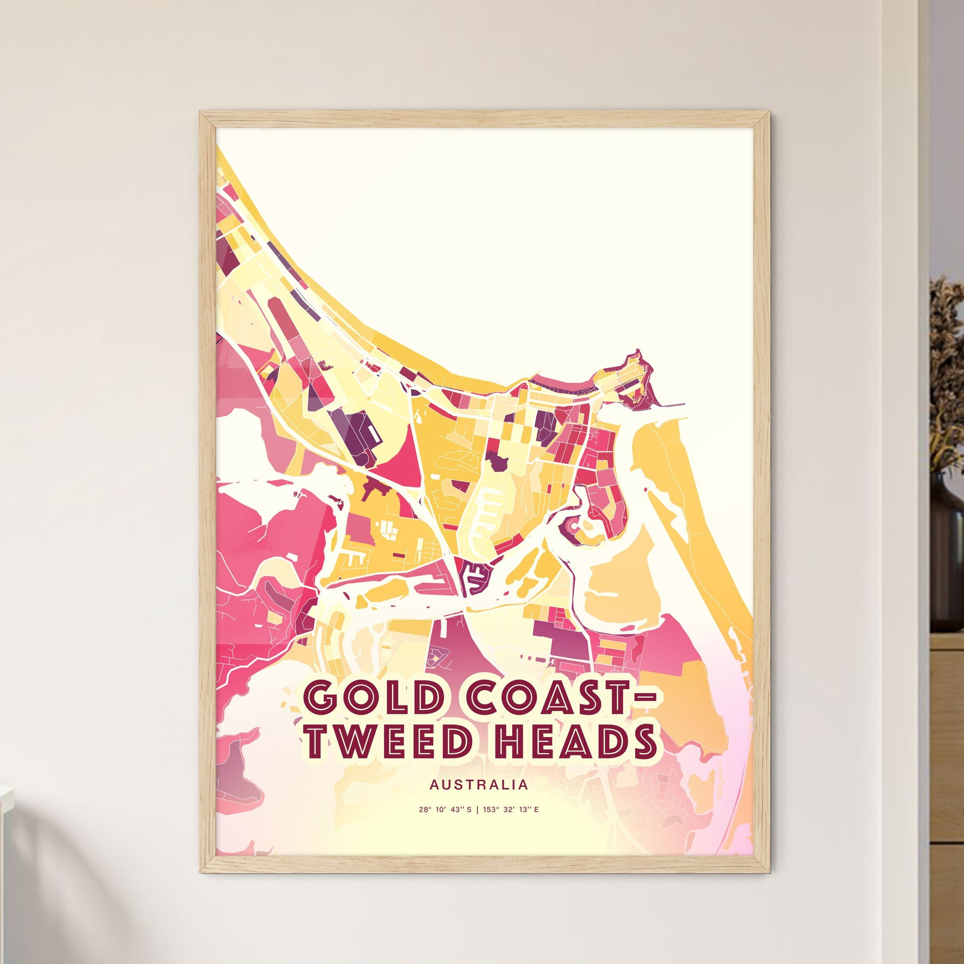 Colorful GOLD COAST–TWEED HEADS AUSTRALIA Fine Art Map Hot Red
