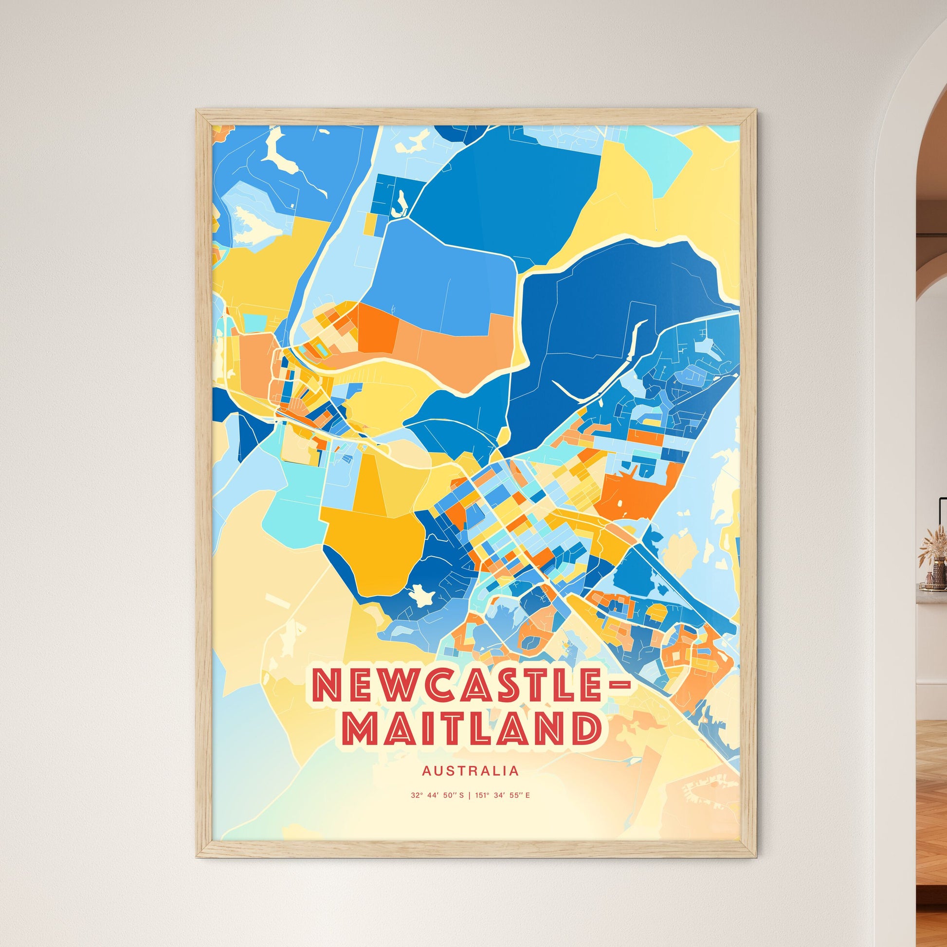 Colorful NEWCASTLE–MAITLAND AUSTRALIA Fine Art Map Blue Orange