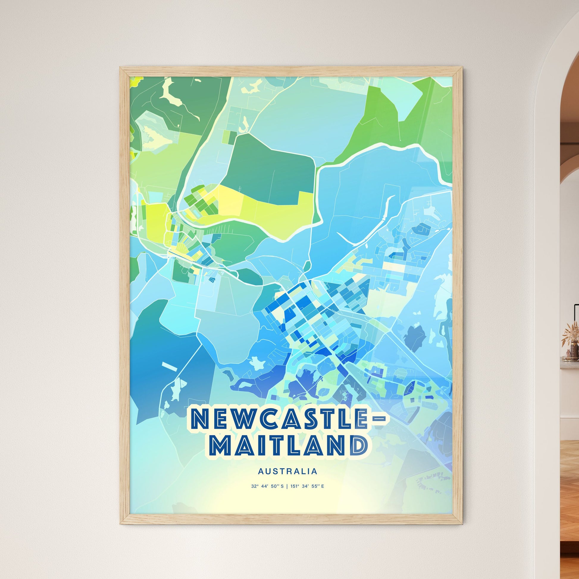 Colorful NEWCASTLE–MAITLAND AUSTRALIA Fine Art Map Cool Blue