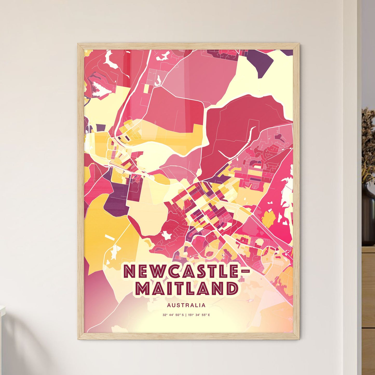 Colorful NEWCASTLE–MAITLAND AUSTRALIA Fine Art Map Hot Red