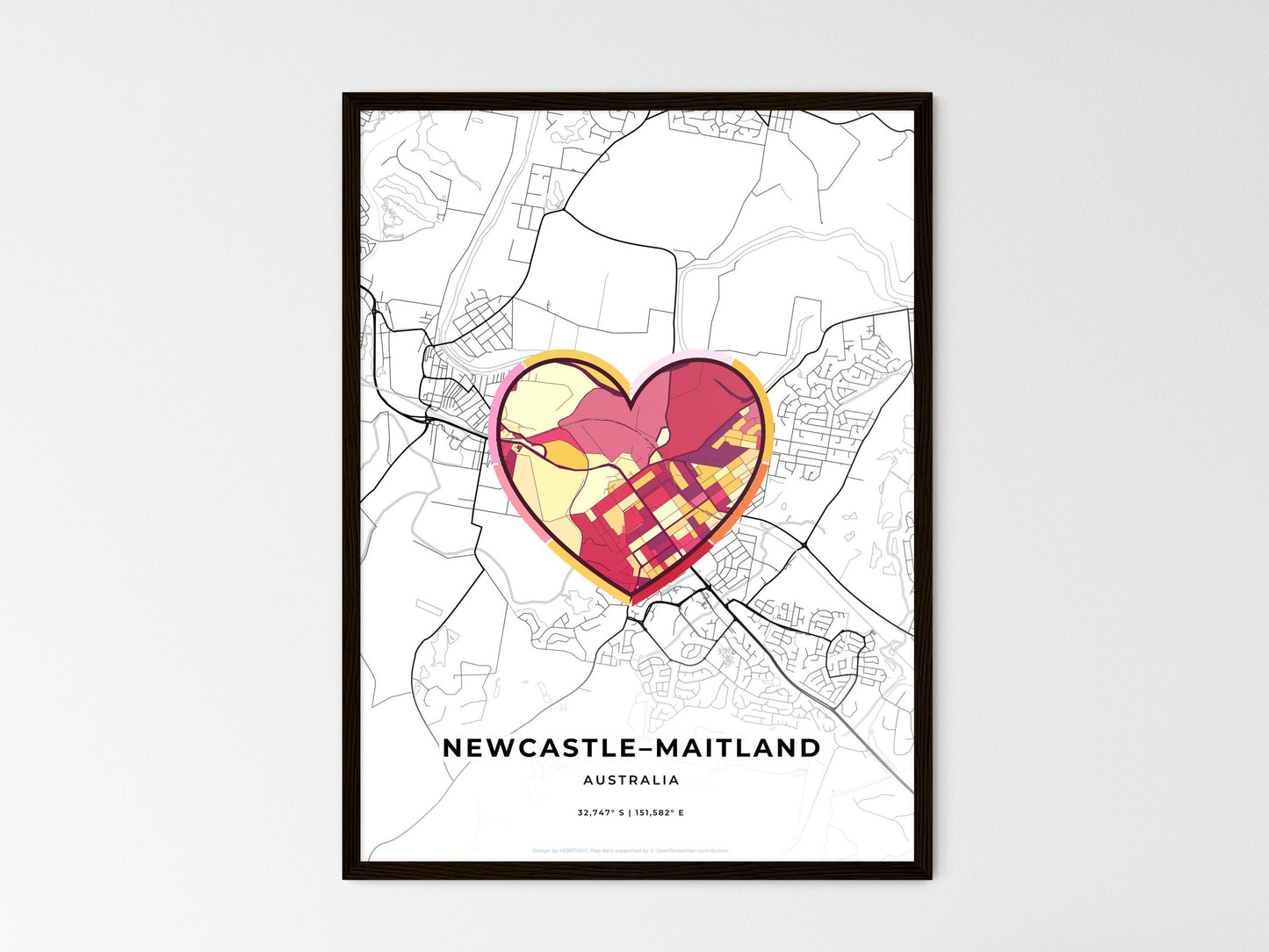 Newcastle–Maitland Australia wedding art map with heart icon