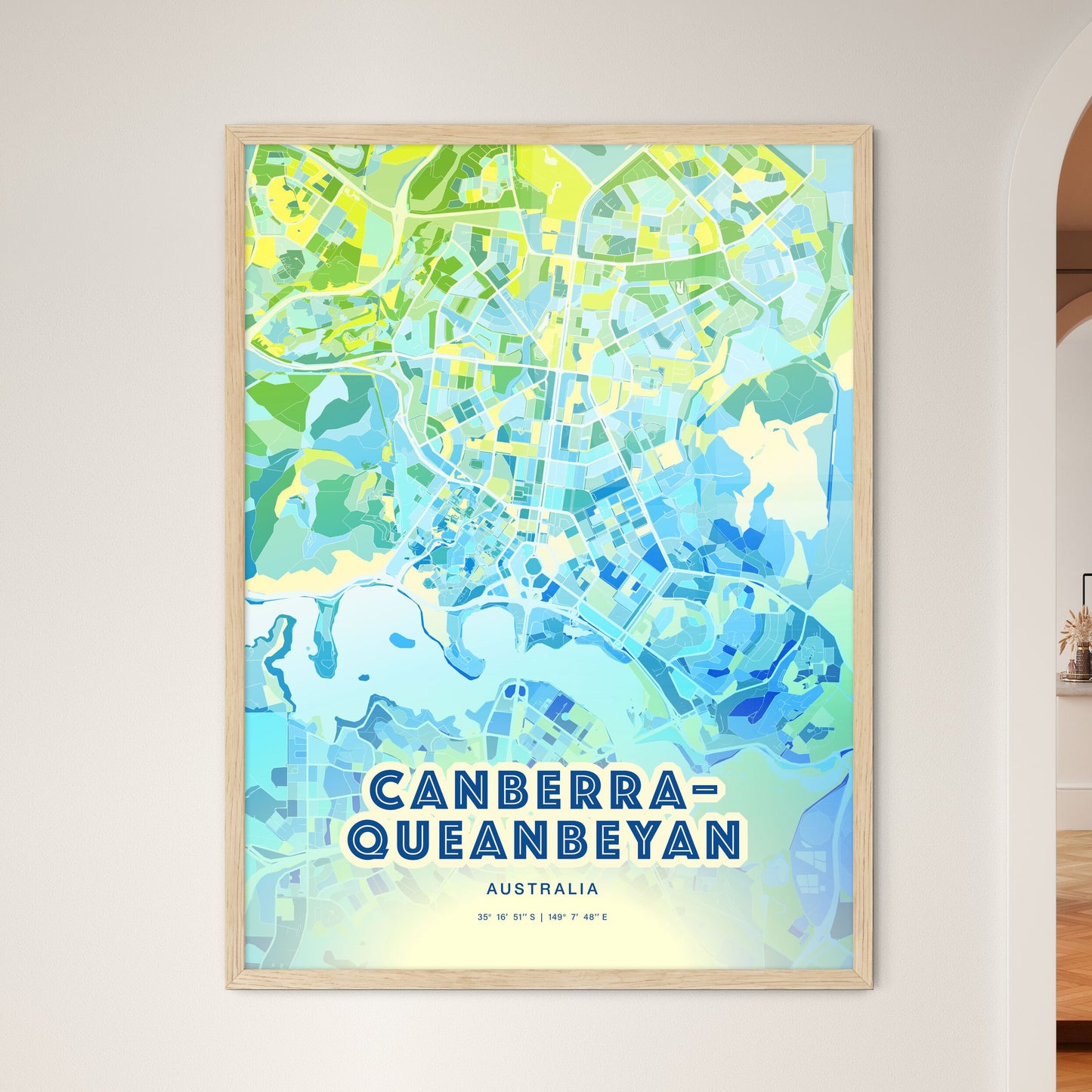 Colorful CANBERRA–QUEANBEYAN AUSTRALIA Fine Art Map Cool Blue