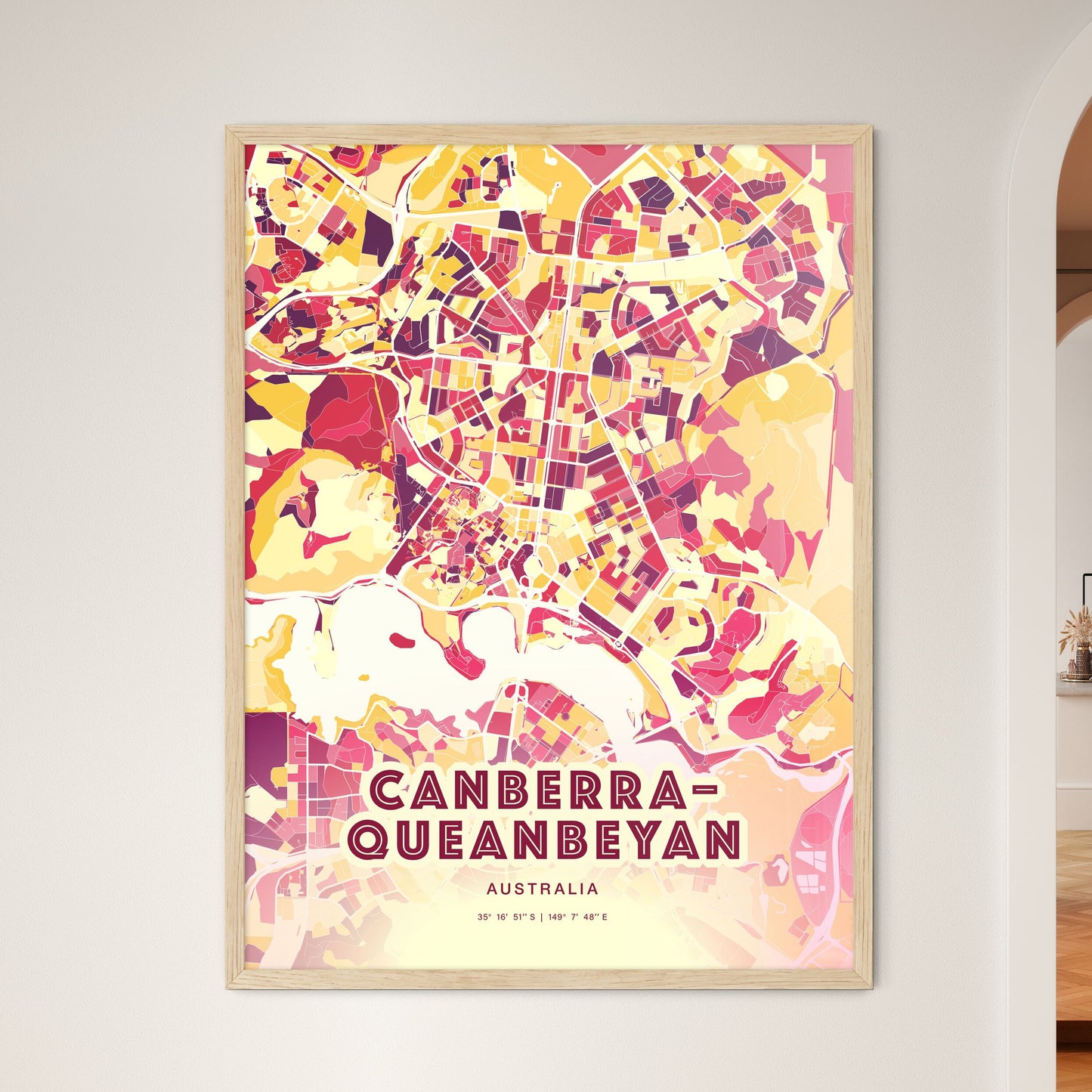 Colorful CANBERRA–QUEANBEYAN AUSTRALIA Fine Art Map Hot Red