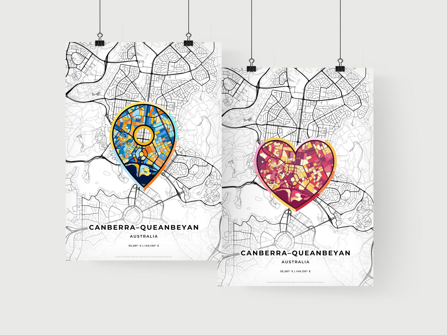 CANBERRA–QUEANBEYAN AUSTRALIA minimal art map with a colorful icon. Where it all began, Couple map gift.