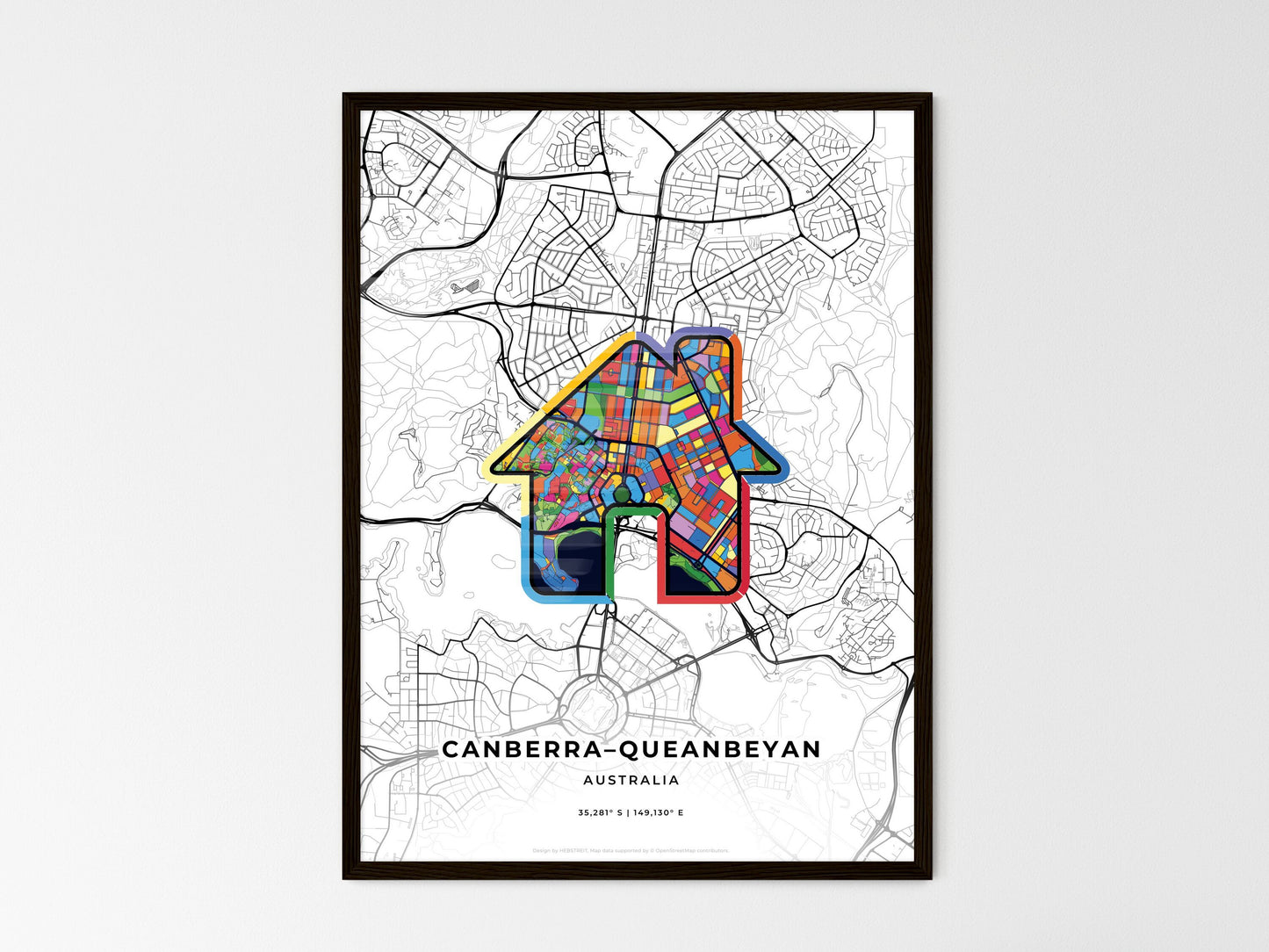 CANBERRA–QUEANBEYAN AUSTRALIA minimal art map with a colorful icon. Where it all began, Couple map gift. Style 3