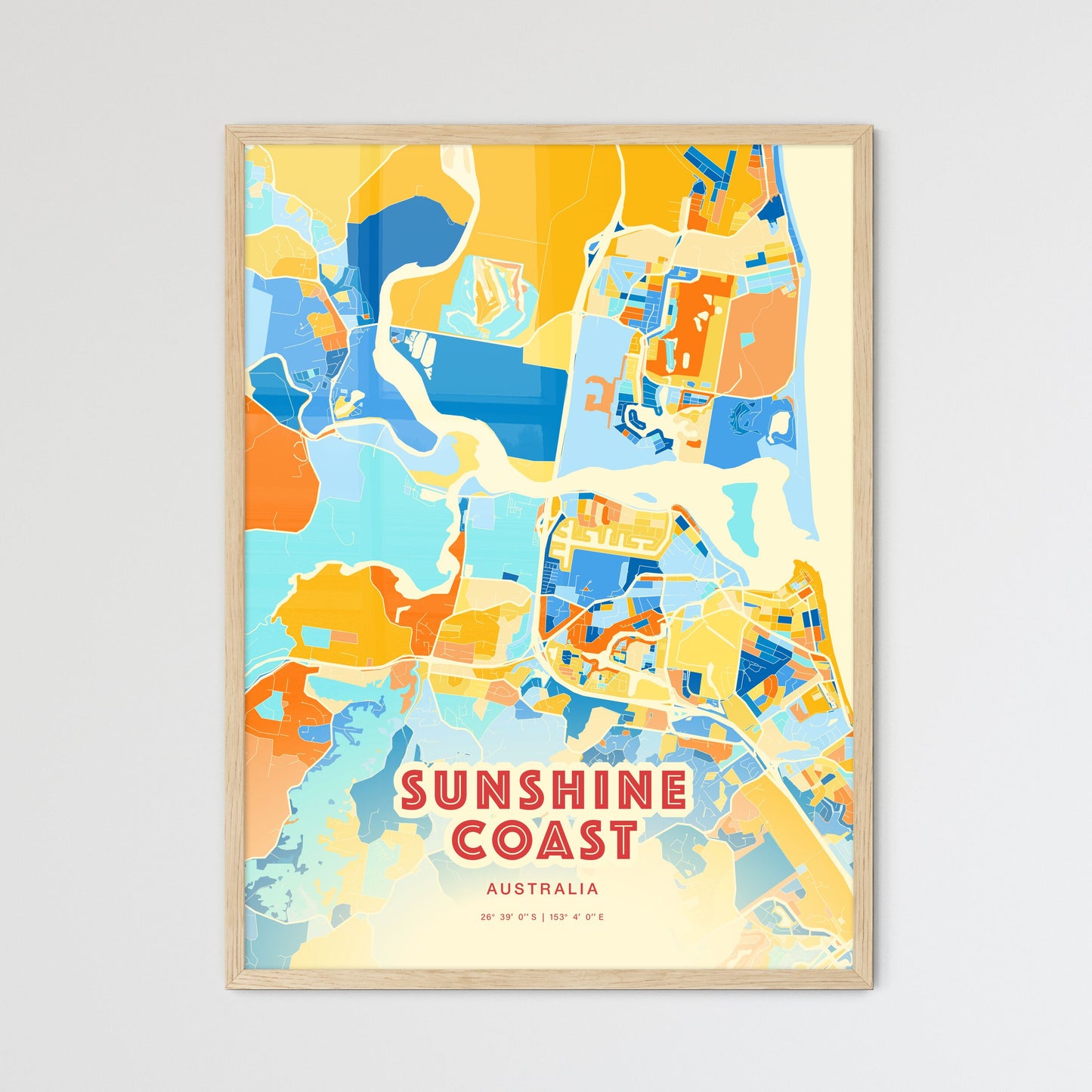 Colorful Sunshine Coast Australia Fine Art Map Blue Orange