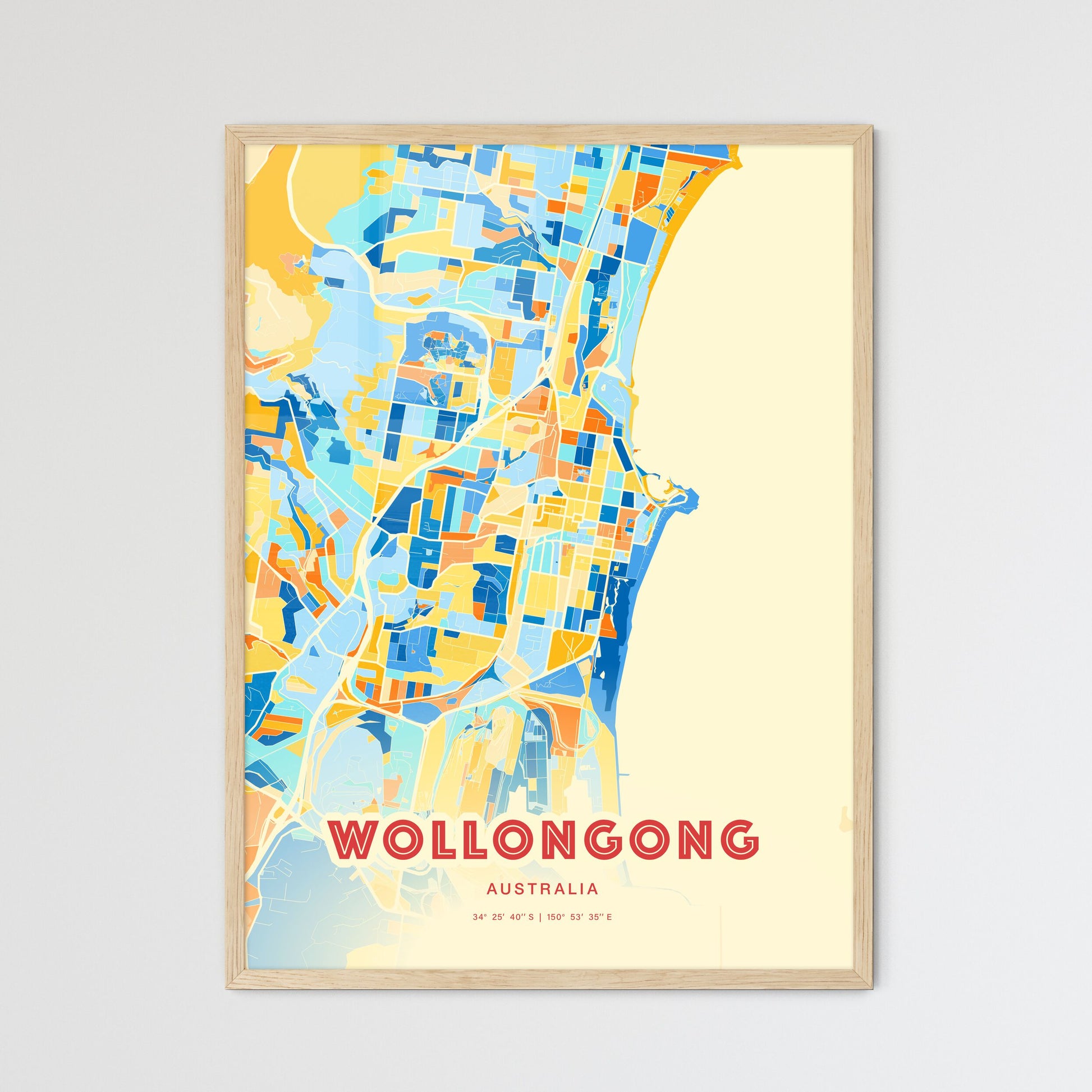 Colorful Wollongong Australia Fine Art Map Blue Orange