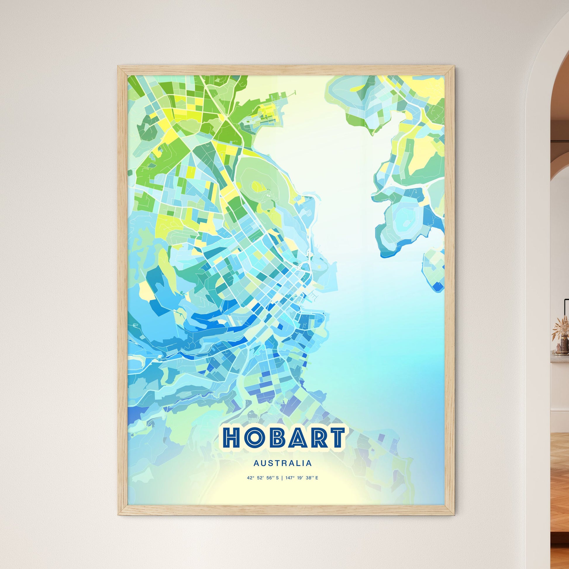 Colorful HOBART AUSTRALIA Fine Art Map Cool Blue