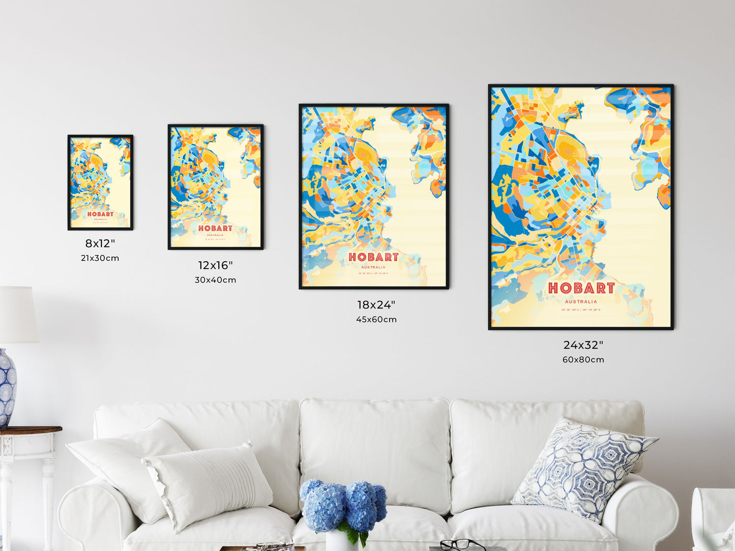 Colorful HOBART AUSTRALIA Fine Art Map Blue Orange