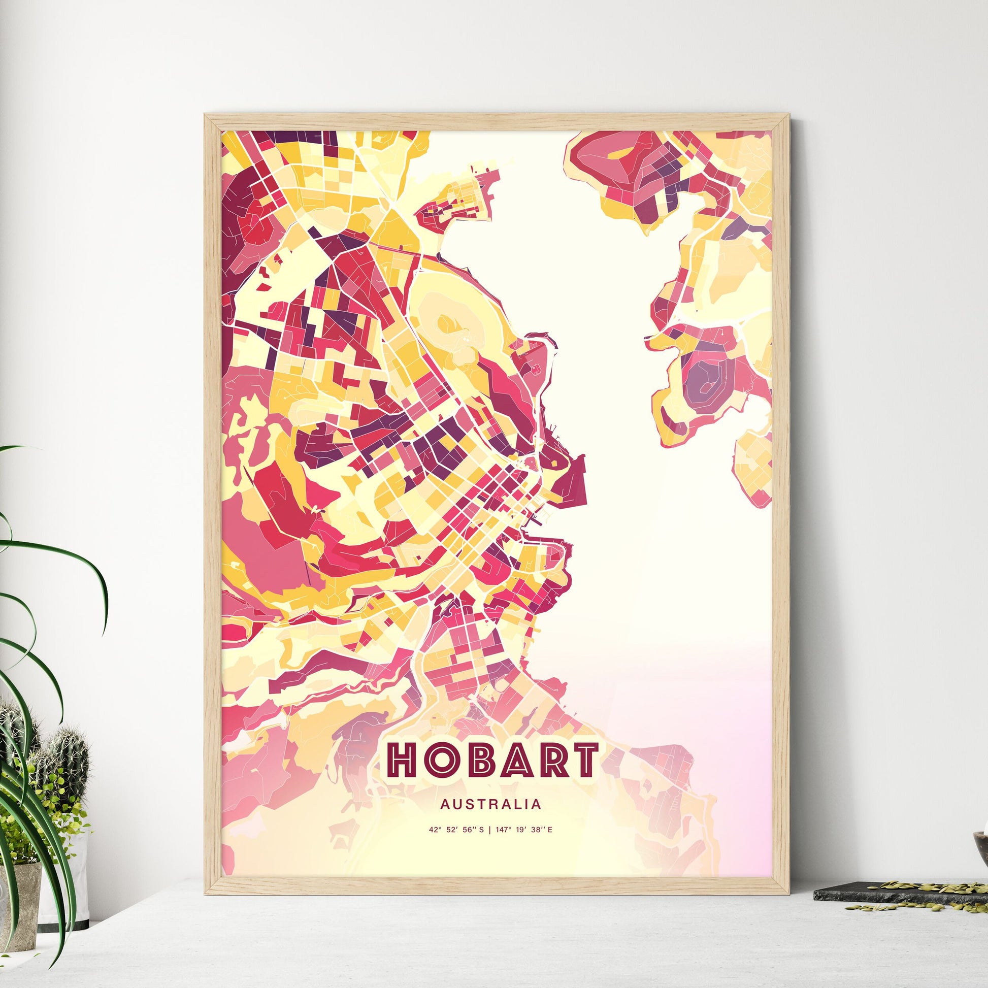 Colorful HOBART AUSTRALIA Fine Art Map Hot Red