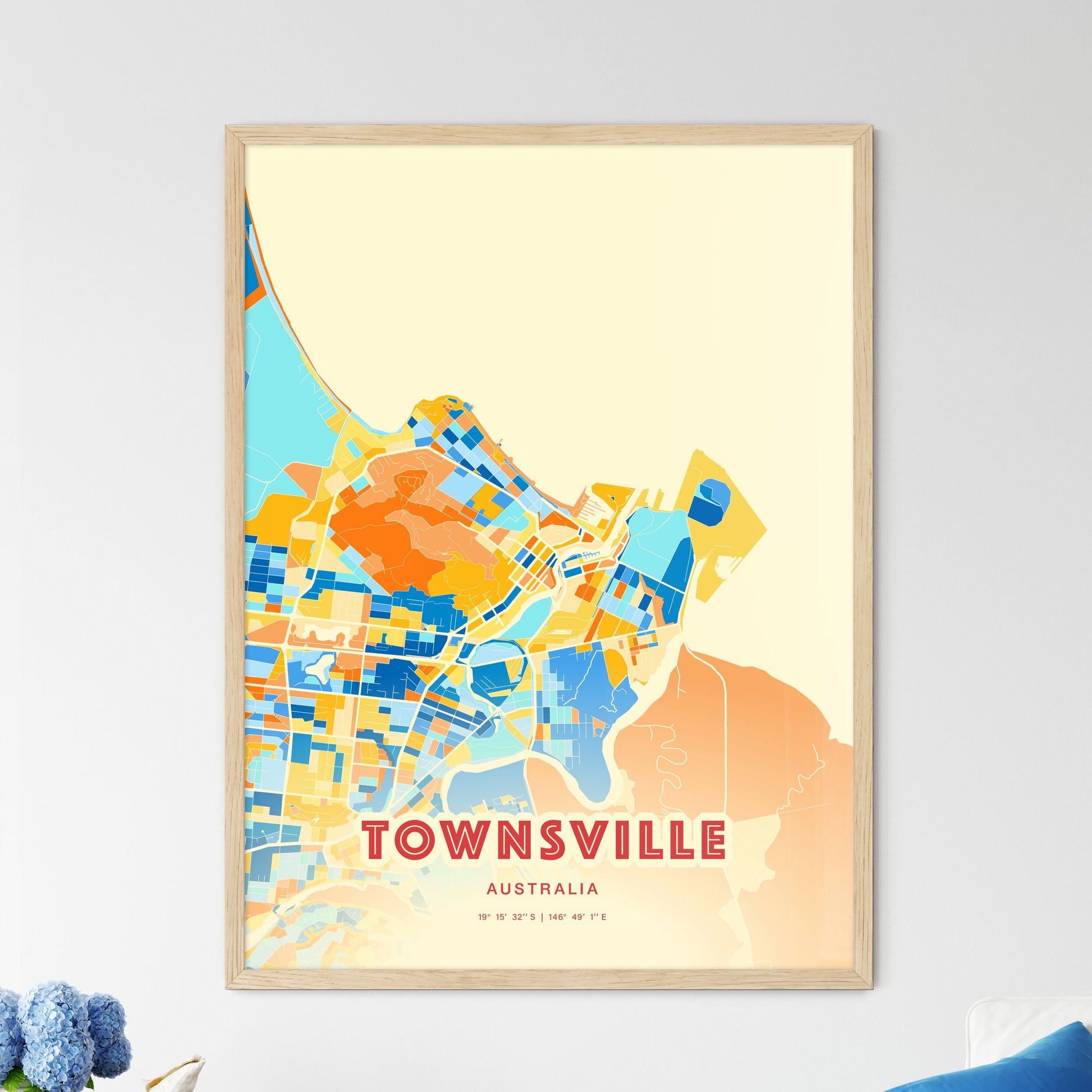 Colorful Townsville Australia Fine Art Map Blue Orange